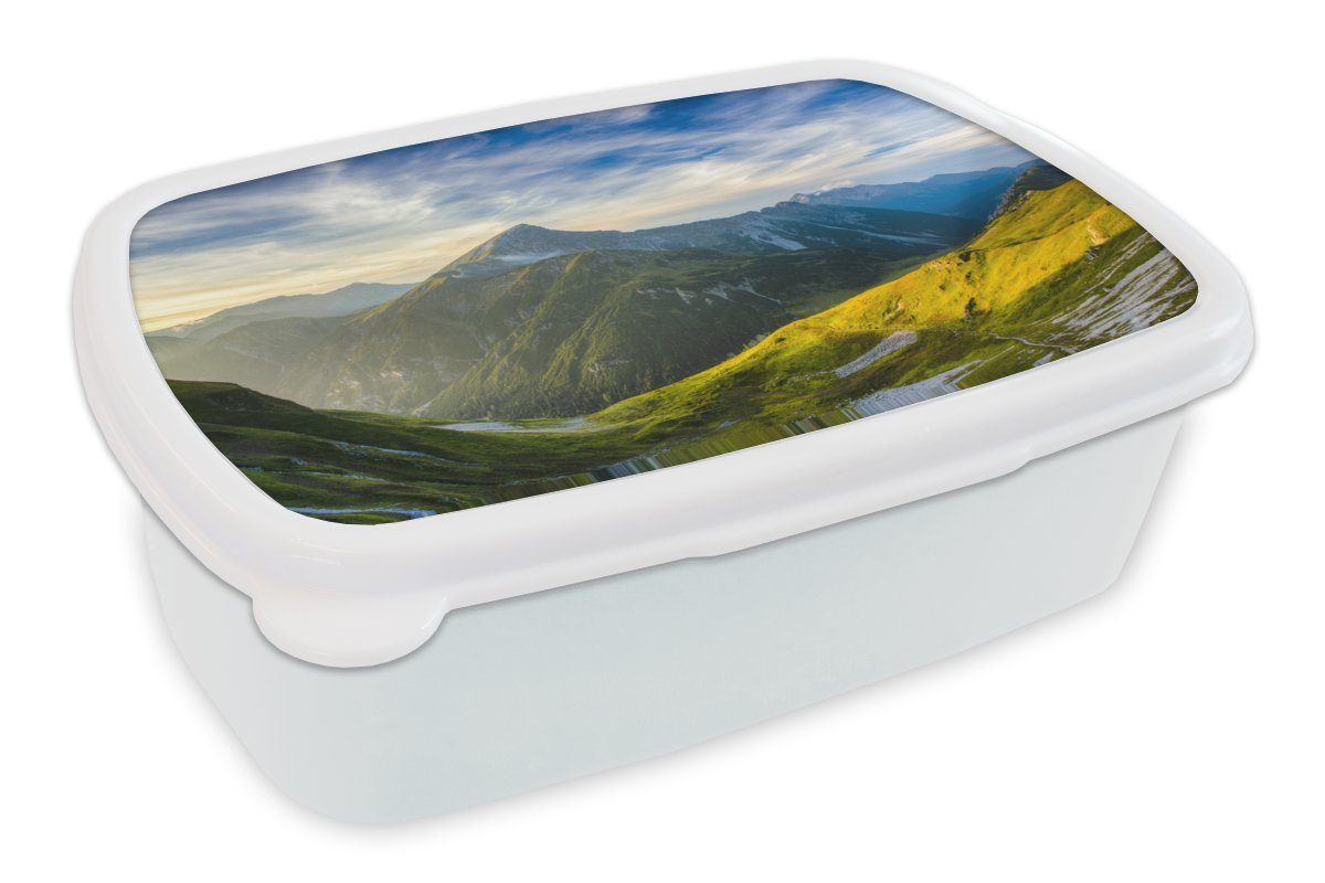 MuchoWow Lunchbox Tirol - Berg - Sonnenaufgang, Kunststoff, (2-tlg), Brotbox für Kinder und Erwachsene, Brotdose, für Jungs und Mädchen weiß