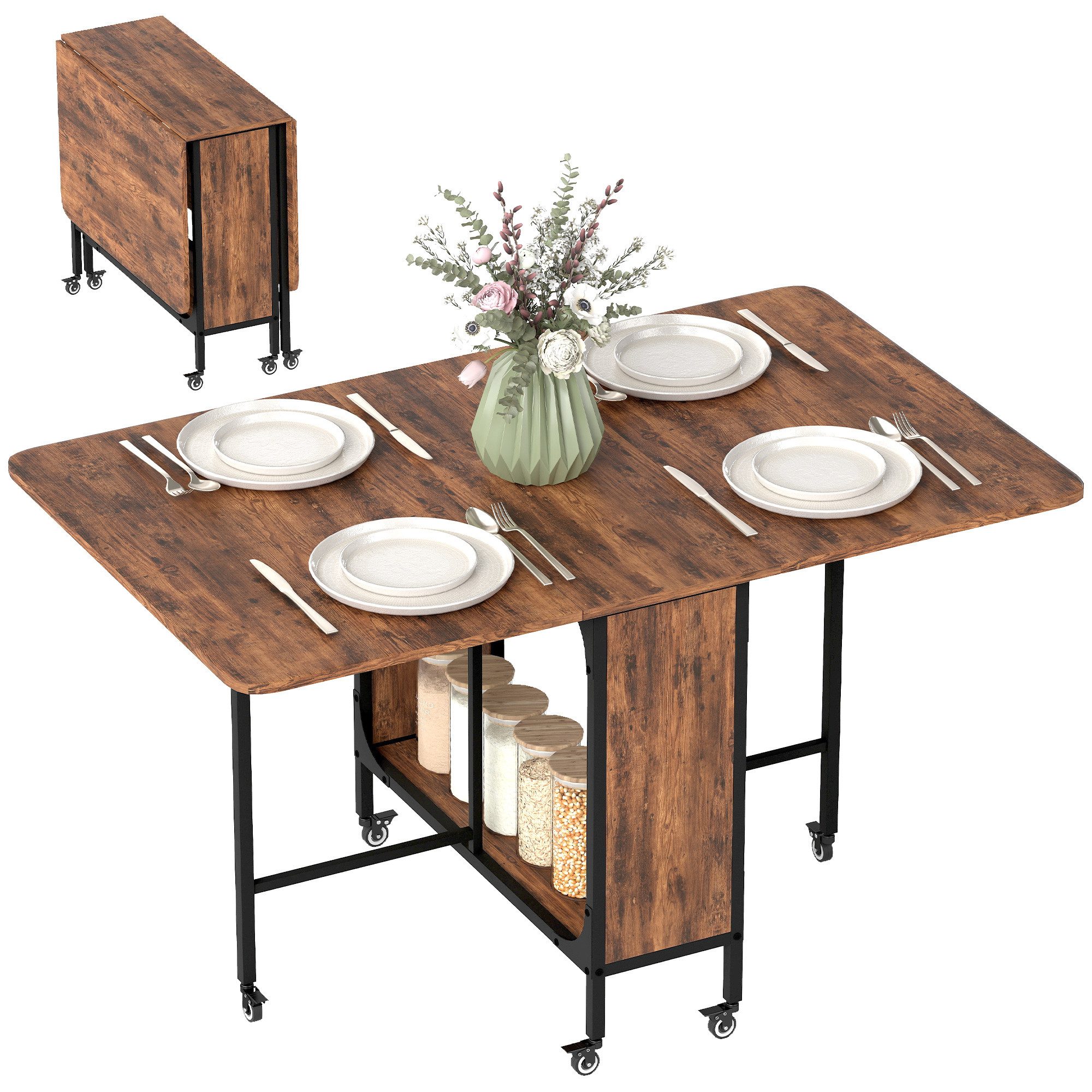 HOMCOM Klapptisch Mobiler Esszimmertisch mit offenem Regal, Holzoptik, für kleine Räume (Küchentisch, 1-St., Esstisch), für Wohnzimmer, Braun – Bild 2 von 5