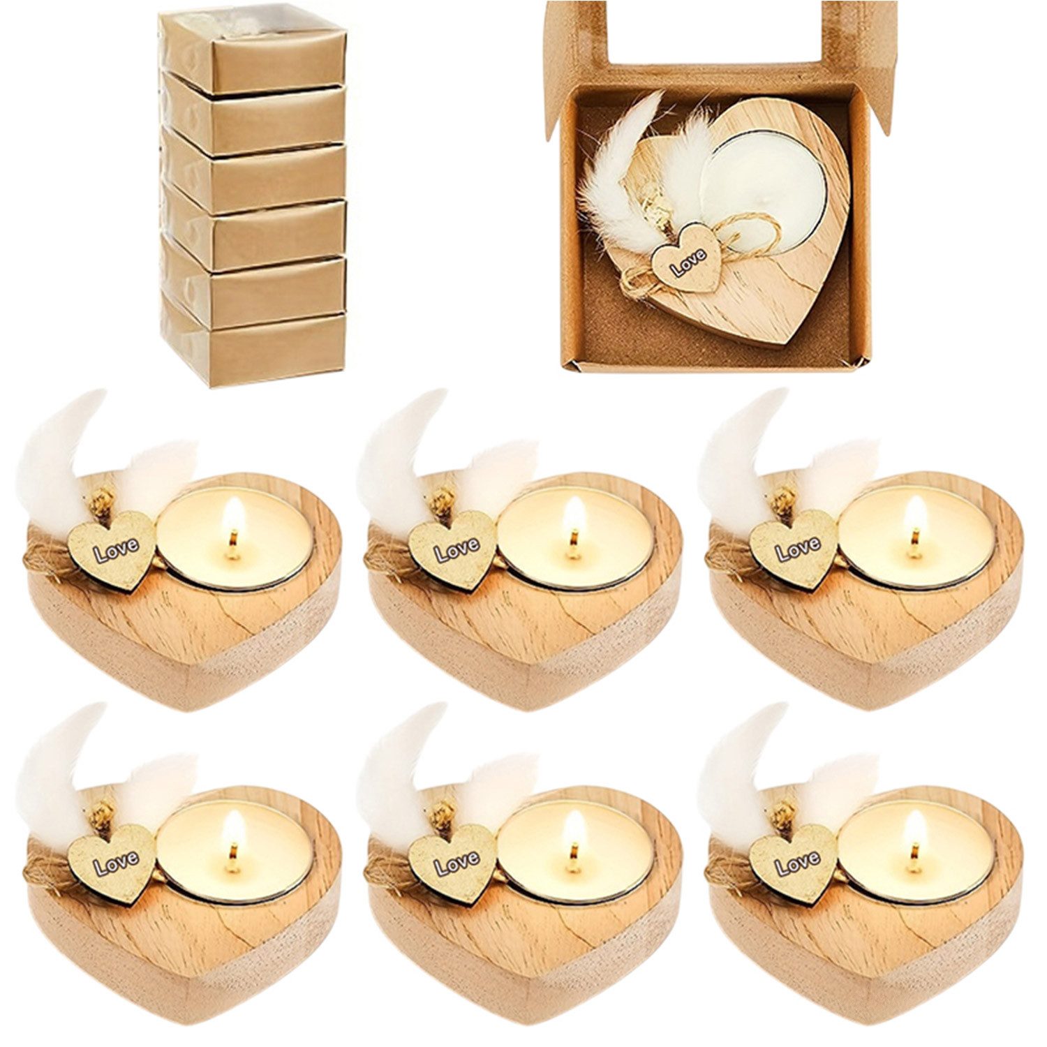 Kerzenständer 6 Stück Herz Kerzenhalter aus Holz mit 6-tlg Zylinderkerzen