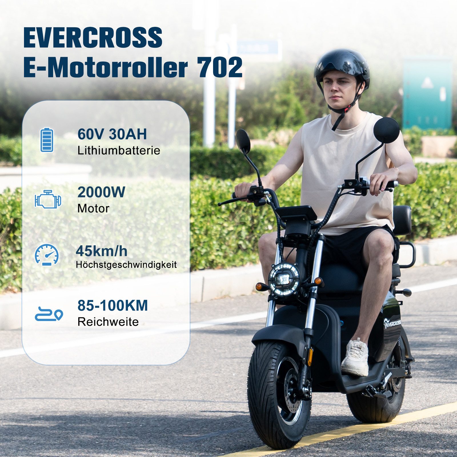 EVERCROSS TECH E-Motorroller 702, 60V-30Ah Lithium, Schwarz, 2000 Watt, 85KM, 45 km/h, 2000,00 W, 45 km/h, LED-Anzeige, Blinker, Funkschlüssel, Alarmanlage, Doppelstoßdämpfer