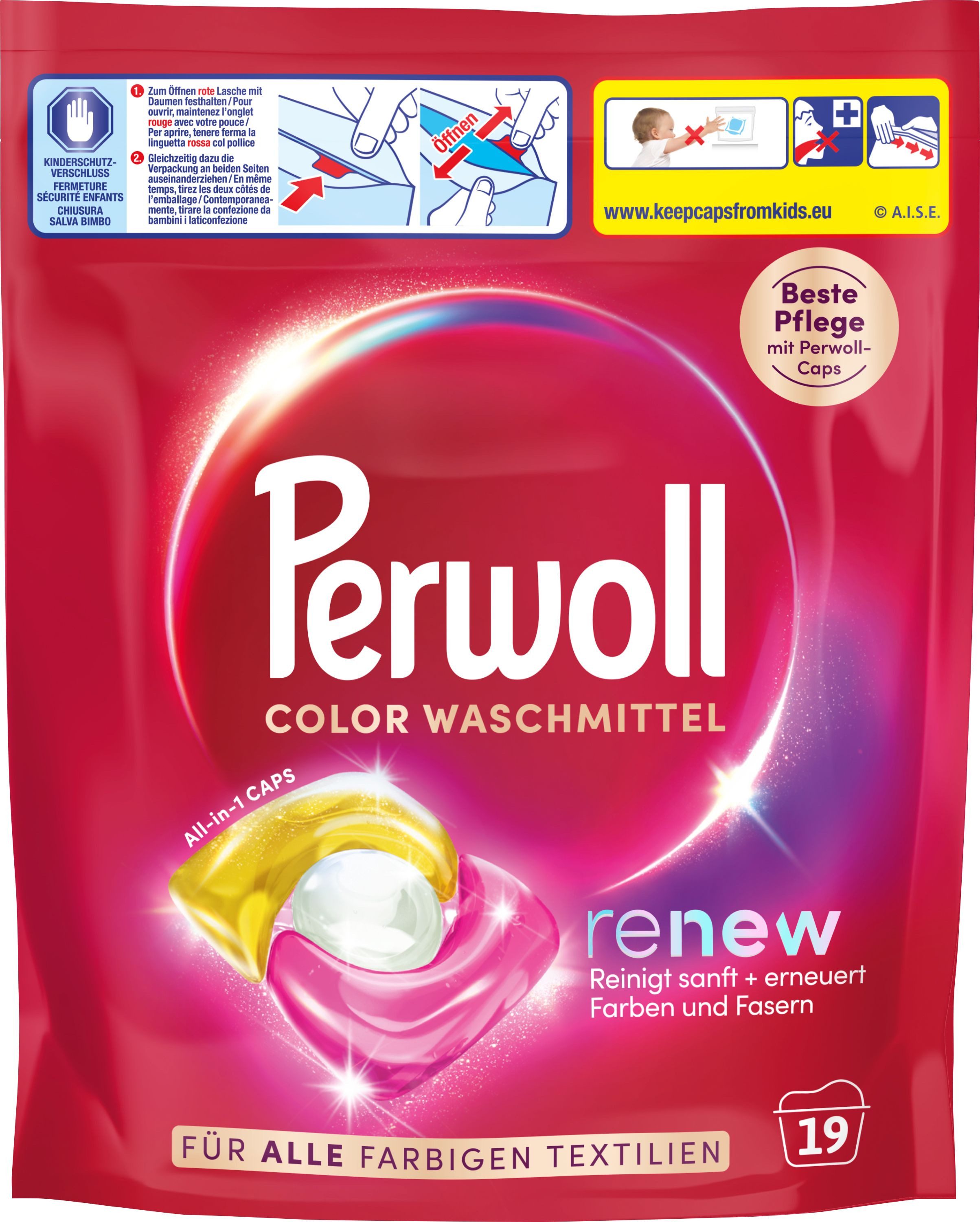 Perwoll PERWOLL All-in-1 Caps 19WL Color Flüssigkapseln 256,5g Colorwaschmittel (19-St. Kapseln mit Dreifach-Renew-Technologie)