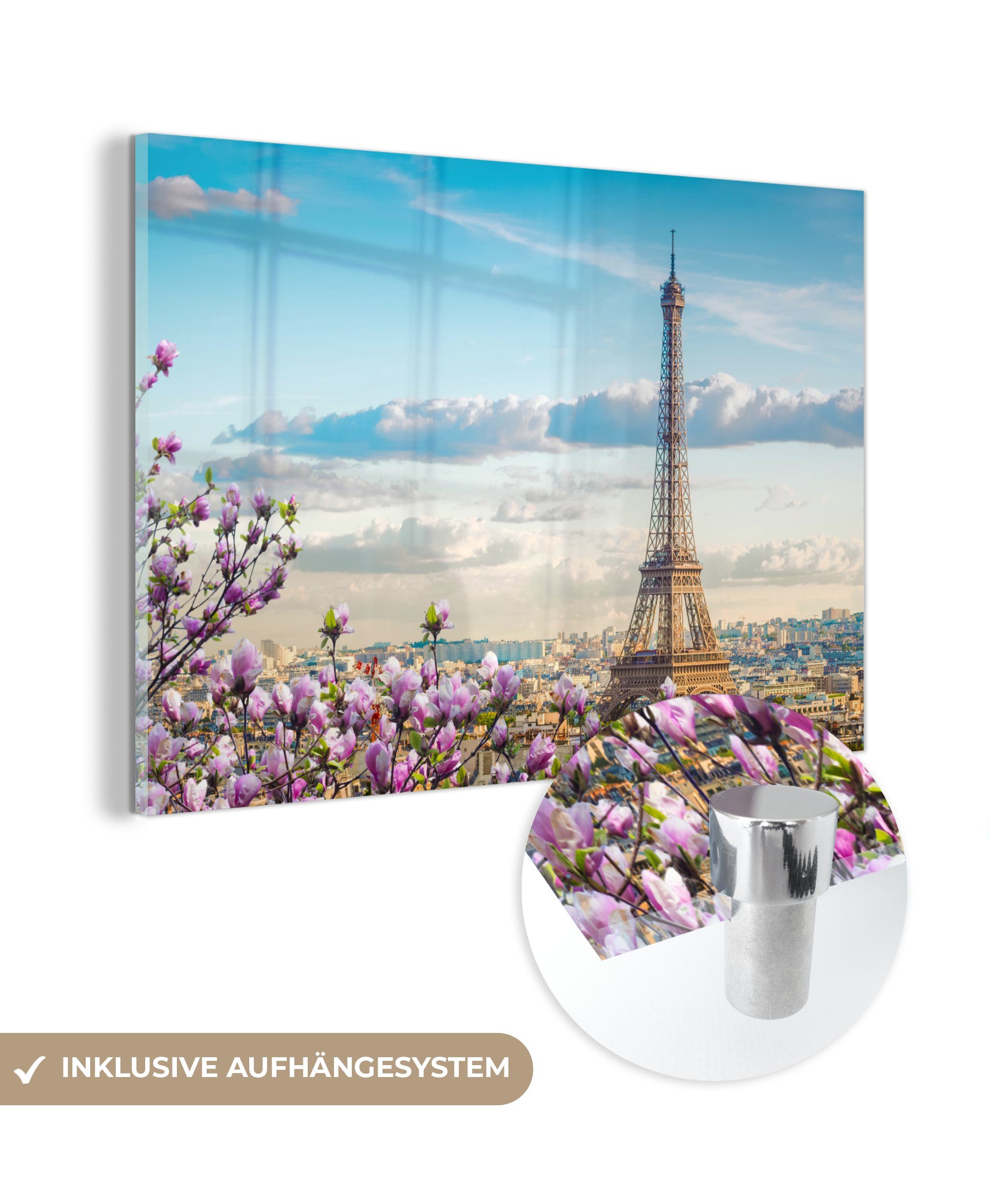 Acrylglasbild MuchoWow - Acrylglasbilder & Frühling, Schlafzimmer - Wohnzimmer Eiffelturm Blüte (1 St),