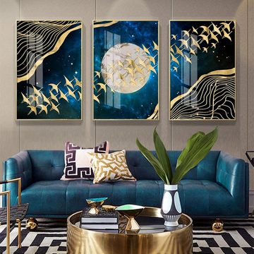 TPFLiving Kunstdruck (OHNE RAHMEN) Poster - Leinwand - Wandbild, Goldene Vögel auf blauem Hintergrund - Wanddeko Wohnzimmer - (7 verschiedene Größen zur Auswahl - Auch im günstigen 3-er Set), Farben: Gold, Blau - Größe: 13x18cm
