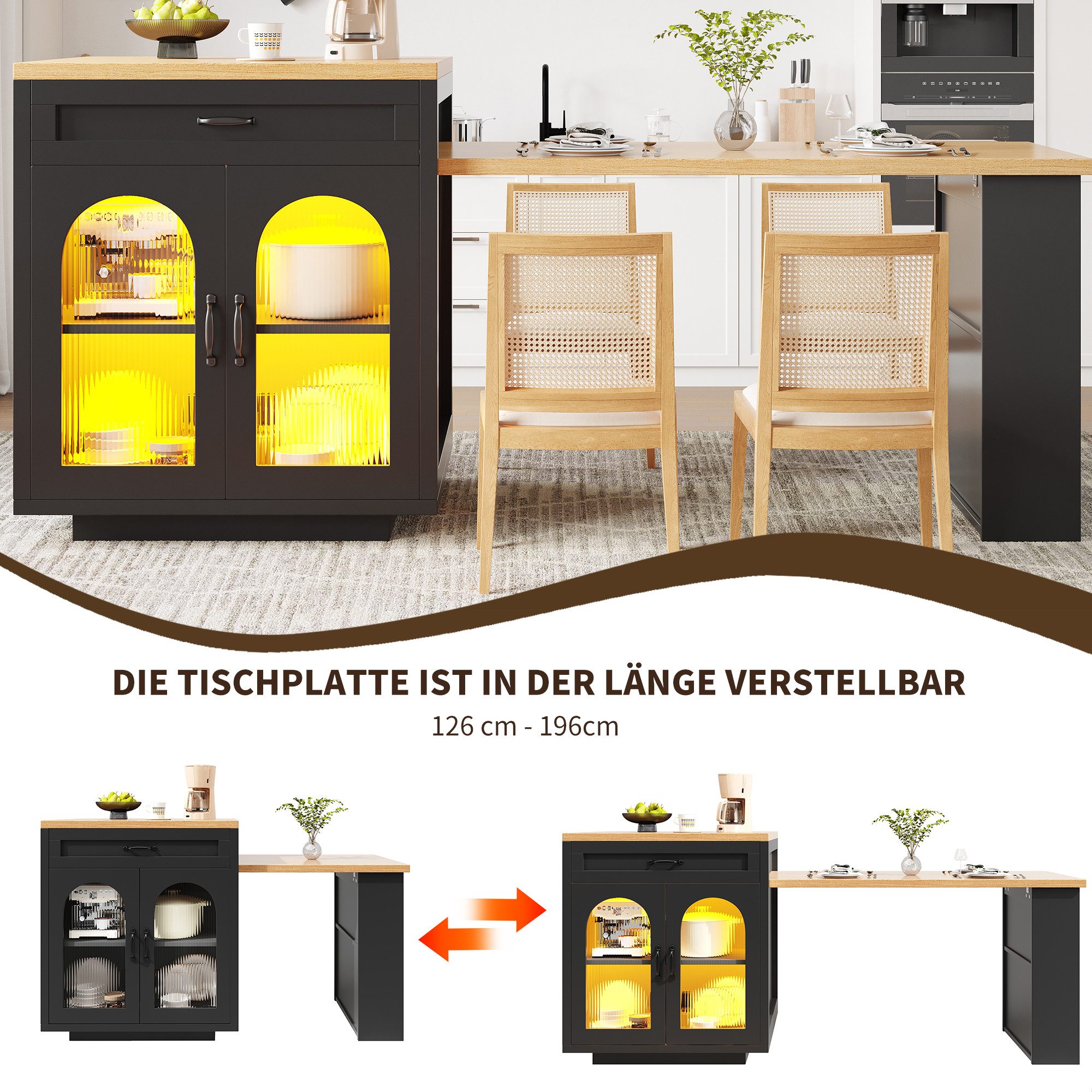 i@home Kücheninsel Ausziehbare Kücheninsel mit LED-Beleuchtung, (Moderner Küchenschrank mit 2 Schubladen), MDF-Küchenarbeitsplatte für Essbereich, Verstellbare  – Bild 5 von 5