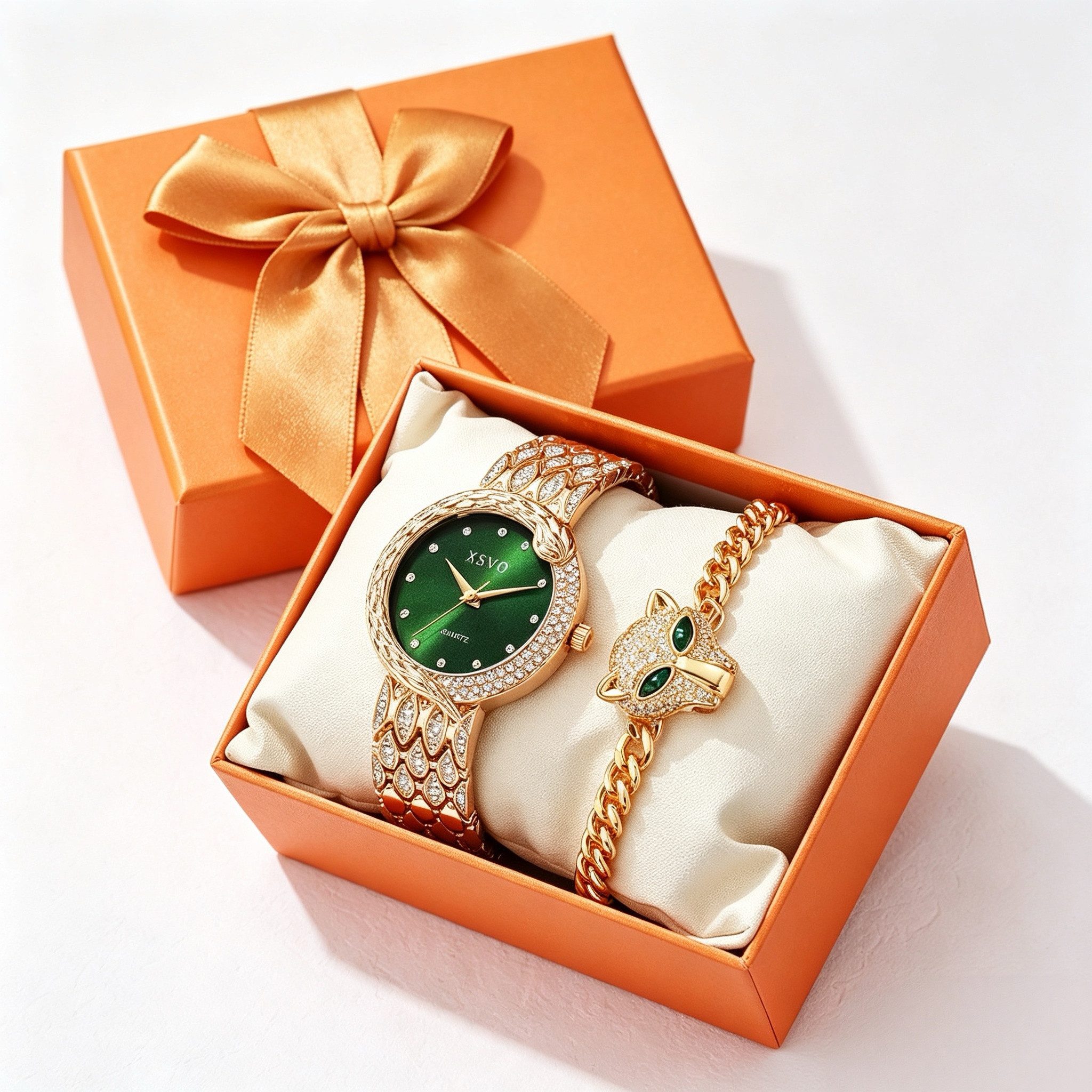 Fyrove Quarzuhr Damen Quarzuhr Schmuckset mit Panter-Armband, (Luxus Geschenkset mit goldener Damenuhr, Smaragdgrünem Zifferblatt & Zirkonia-Schmuck für Frauen, Valentinstag, Geburtstag, Weihnachten)