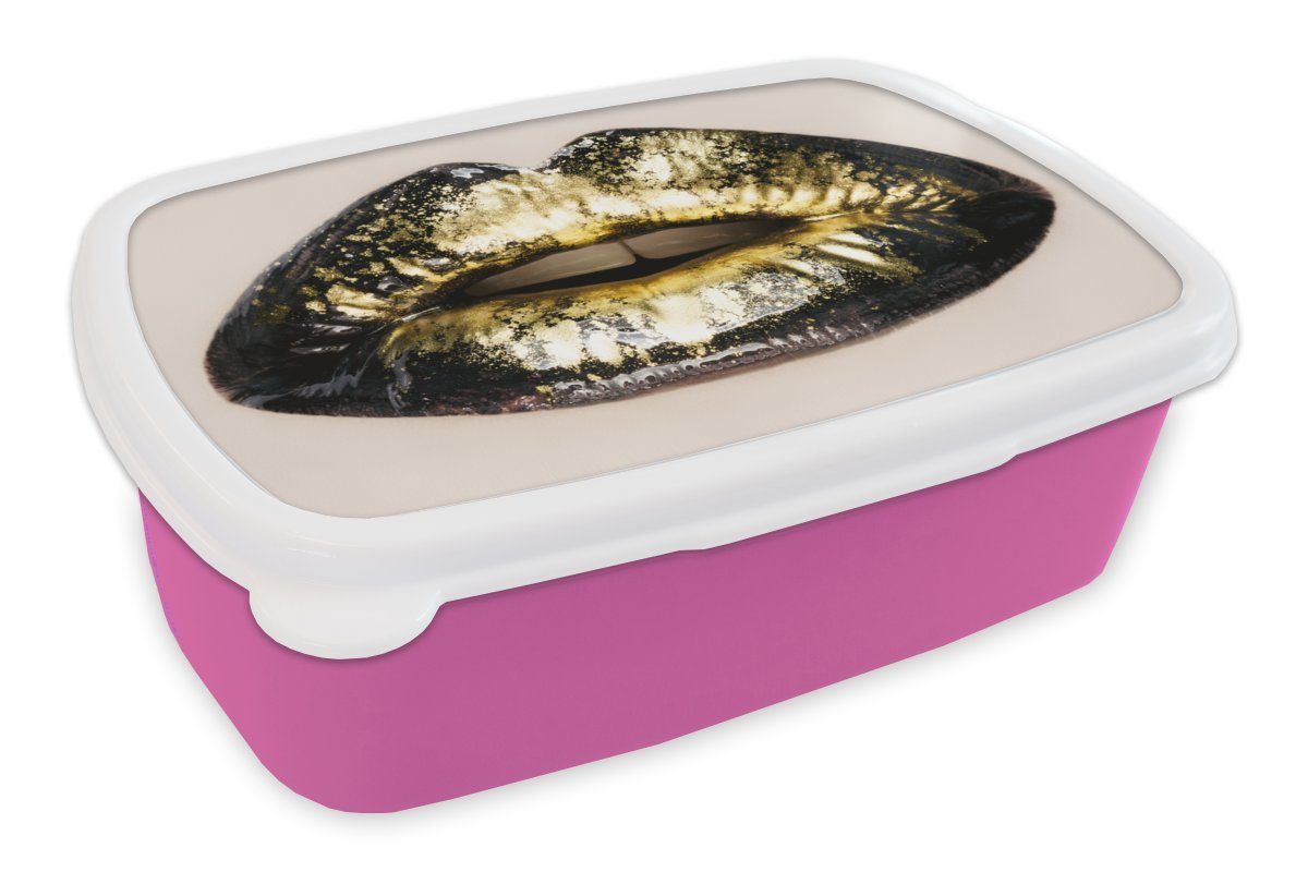 MuchoWow Lunchbox Gold - Nahaufnahme - Lippen, Kunststoff, (2-tlg), Brotbox für Erwachsene, Brotdose Kinder, Snackbox, Mädchen, Kunststoff rosa
