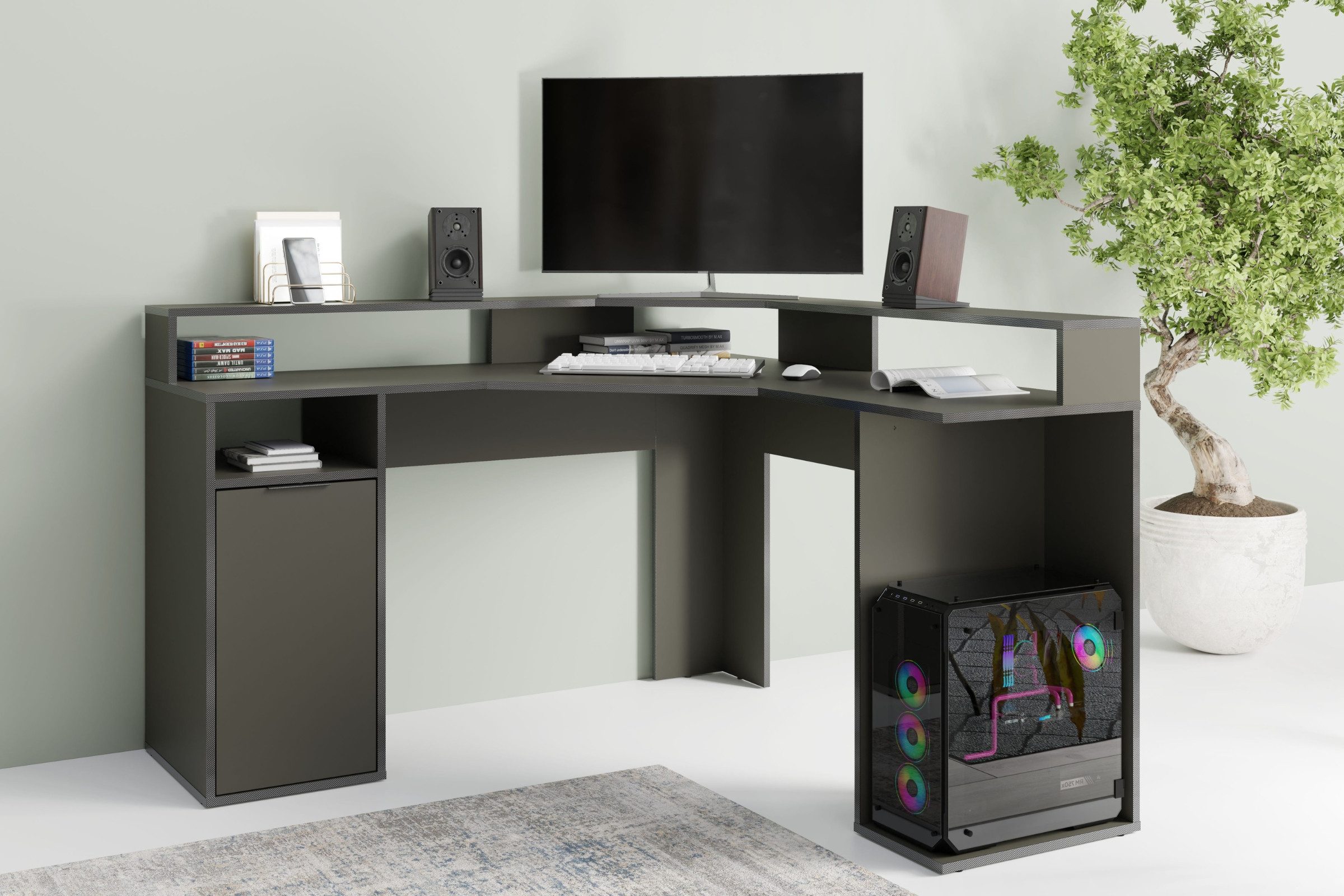 Deine Möbel 24 Gamingtisch KARO L platzsparender Gaming- & Schreibtisch mit Stauraum (Set, 1-St., Jugendschreibtisch), Eckschreibtisch Schreibtisch in Graphit