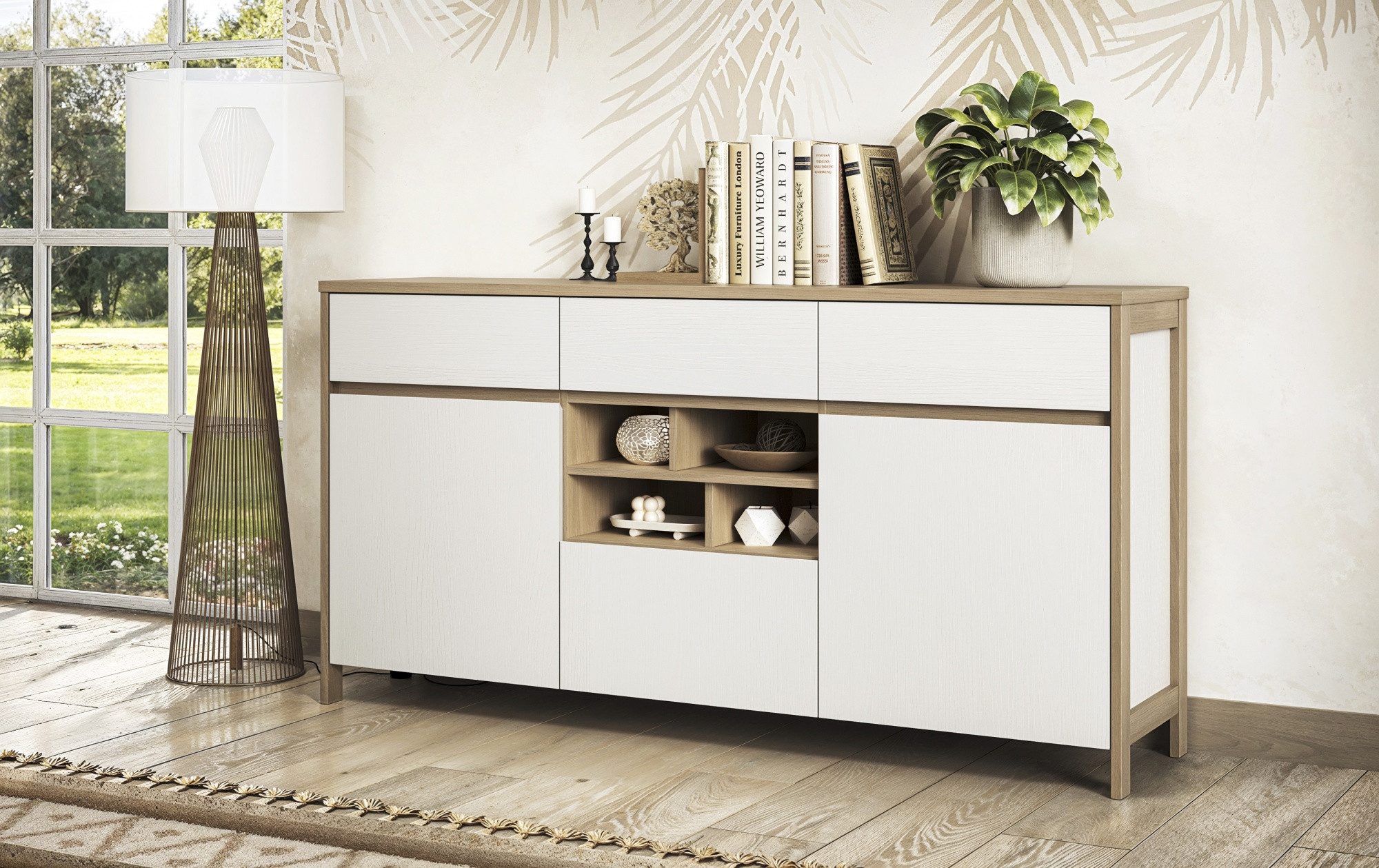 Beauty.Scouts Sideboard "Stranda" Weiss Skandi Eiche Dekor, 164x85x39 cm