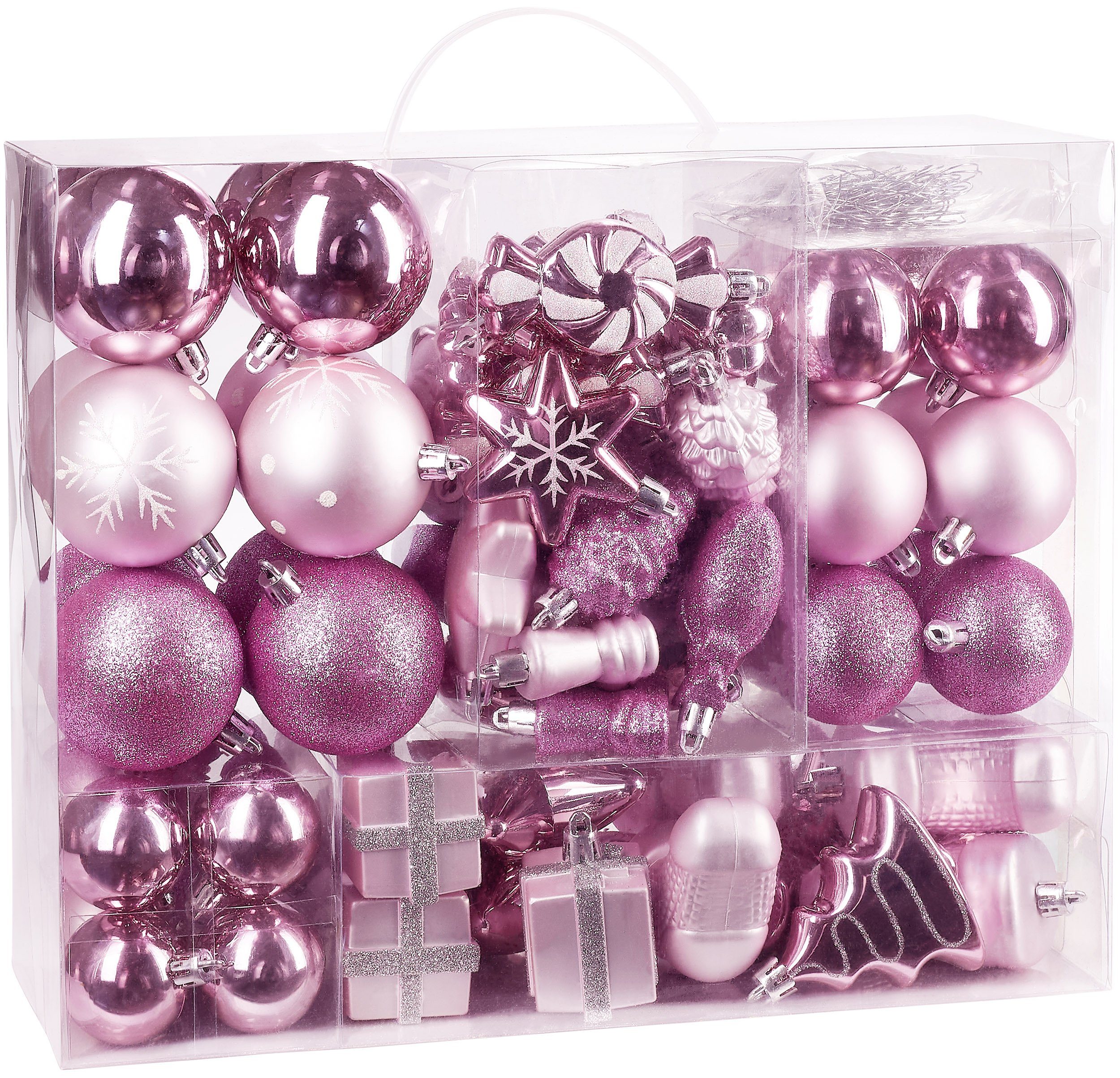 BRUBAKER Weihnachtsbaumkugel 77-teiliges Weihnachtskugel-Set, Christbaumschmuck aus Kunststoff, Weihnachtsdekoration Baumkugeln Rosa