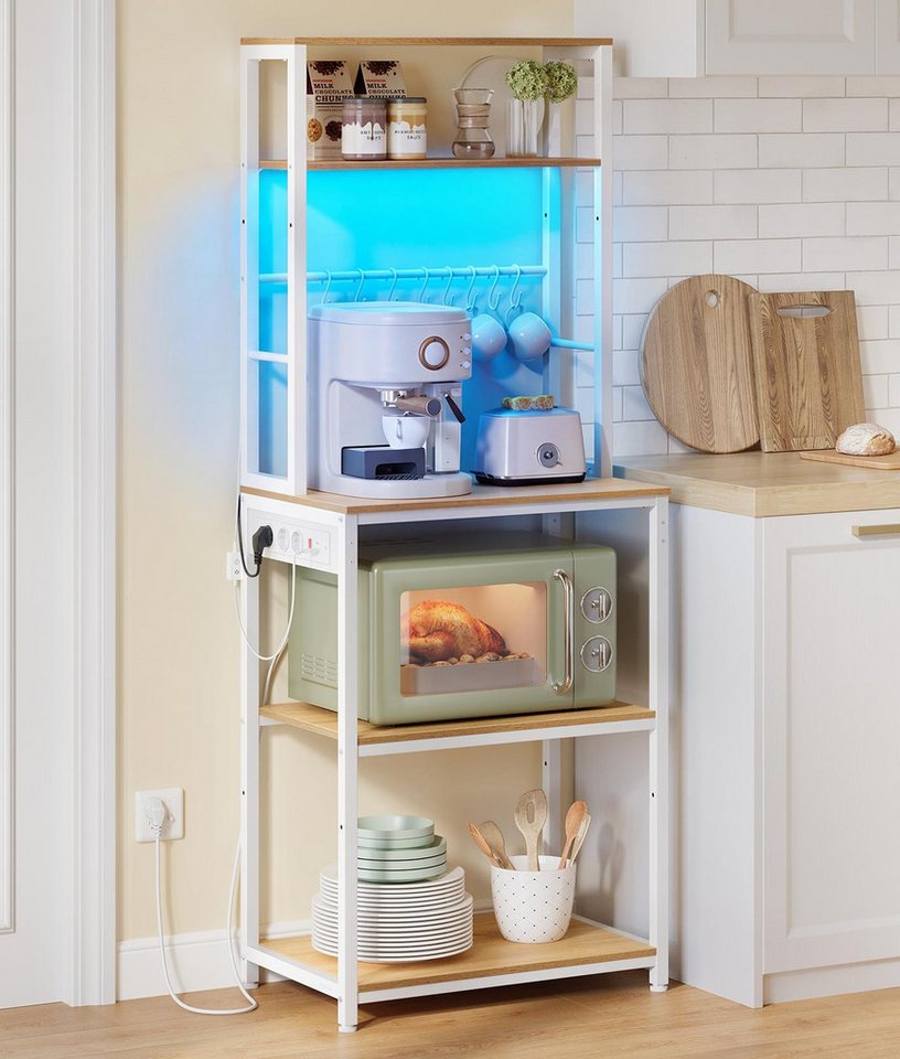 VASAGLE Standregal Küchenregal mit LED-Beleuchtung, Steckdosen, 8 Haken, mit verstellbaren Ablagen, 60 cm Breite, gesamtbelastbarkeit 190,4 kg