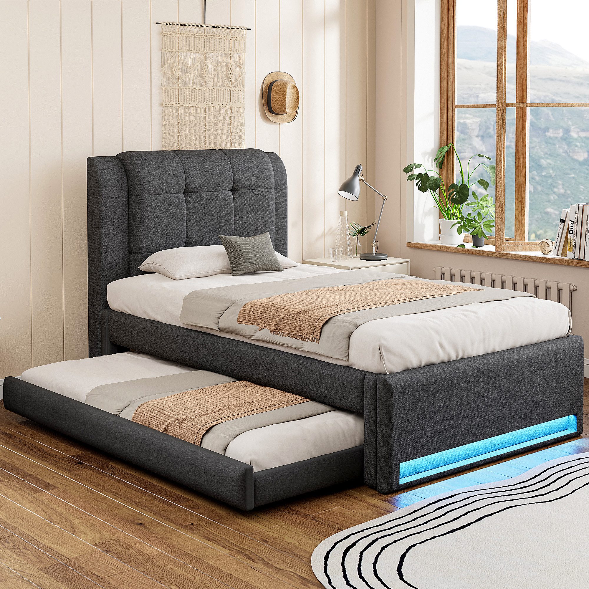 Flieks Polsterbett, Kinderbett 90x200cm mit Ausziehbett 90x190cm & LED-Beleuchtung