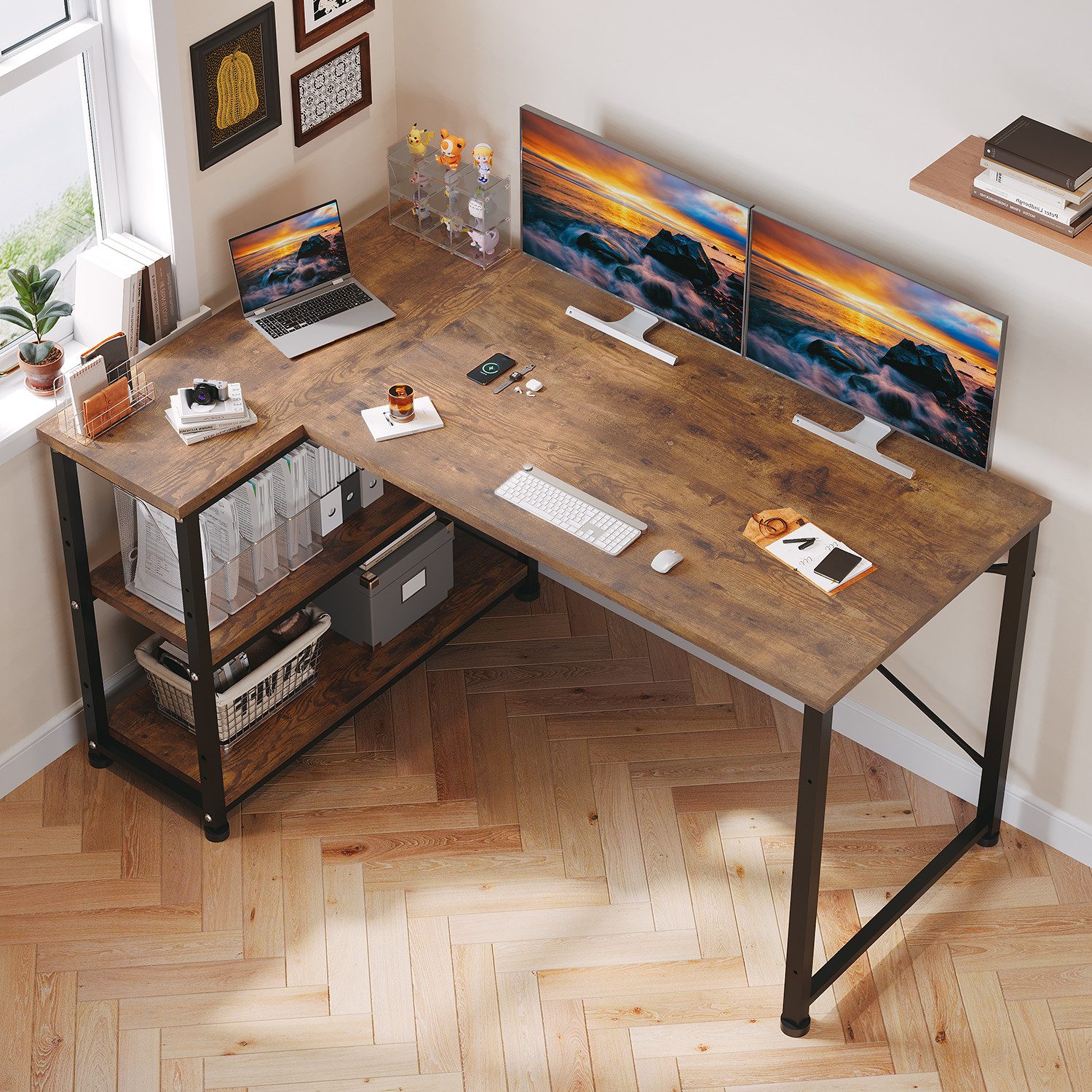 HOMALL Eckschreibtisch 100/120L Form mit Ablagefächern, 2 Tier DIY Lagerregalen Computertisch (L-formiger Schreibtischumit Regal,100/120/140/160cm,Geeignet fur Burotisch, Arbeitszimmer, Schlafzimmer), Schreibtisch,PC Tisch,Heimbüro