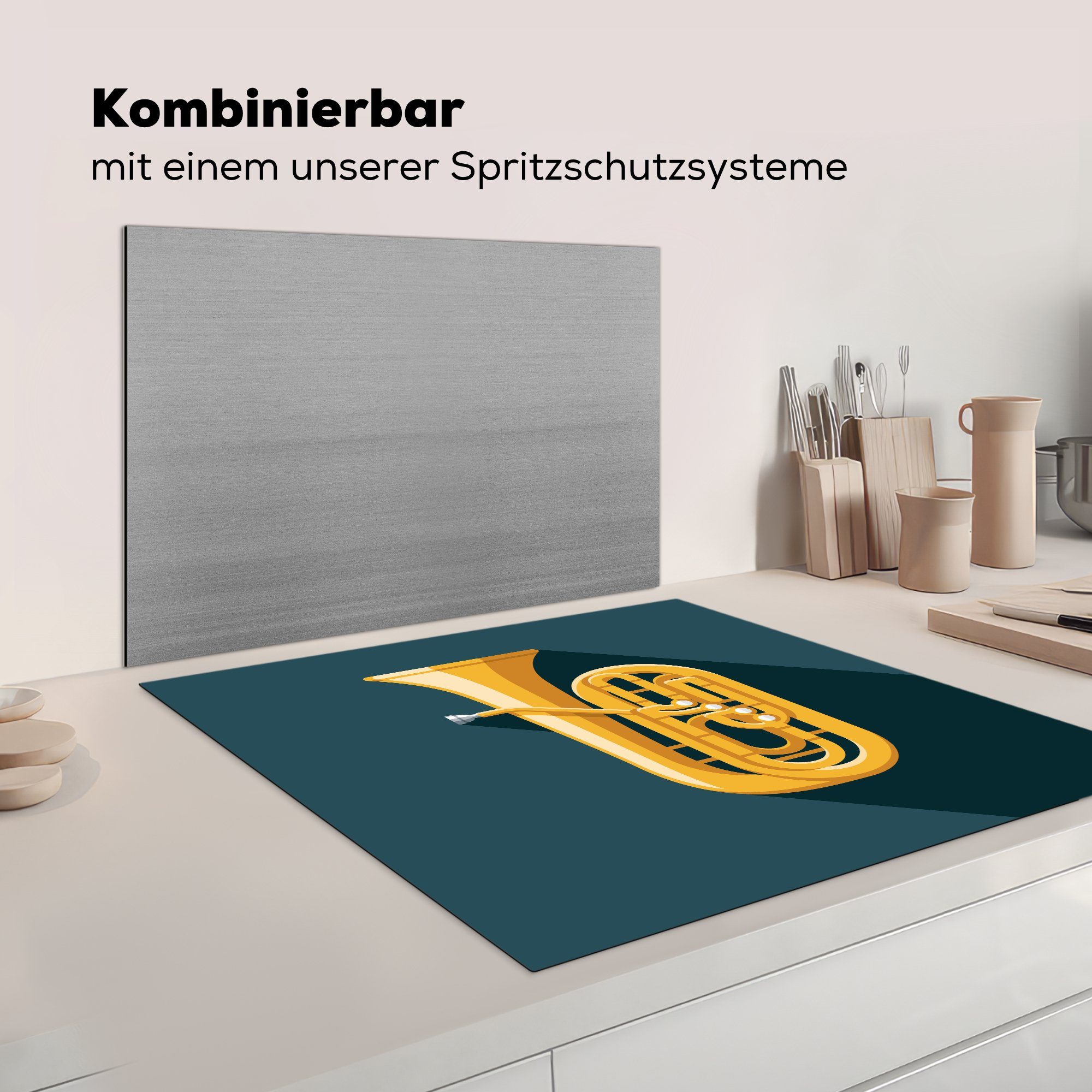 MuchoWow Herdblende-/Abdeckplatte Ein (1 Arbeitsplatte tlg), 78x78 Tuba Vinyl, Piktogramm, cm, goldene das eine darstellt, küche für Ceranfeldabdeckung