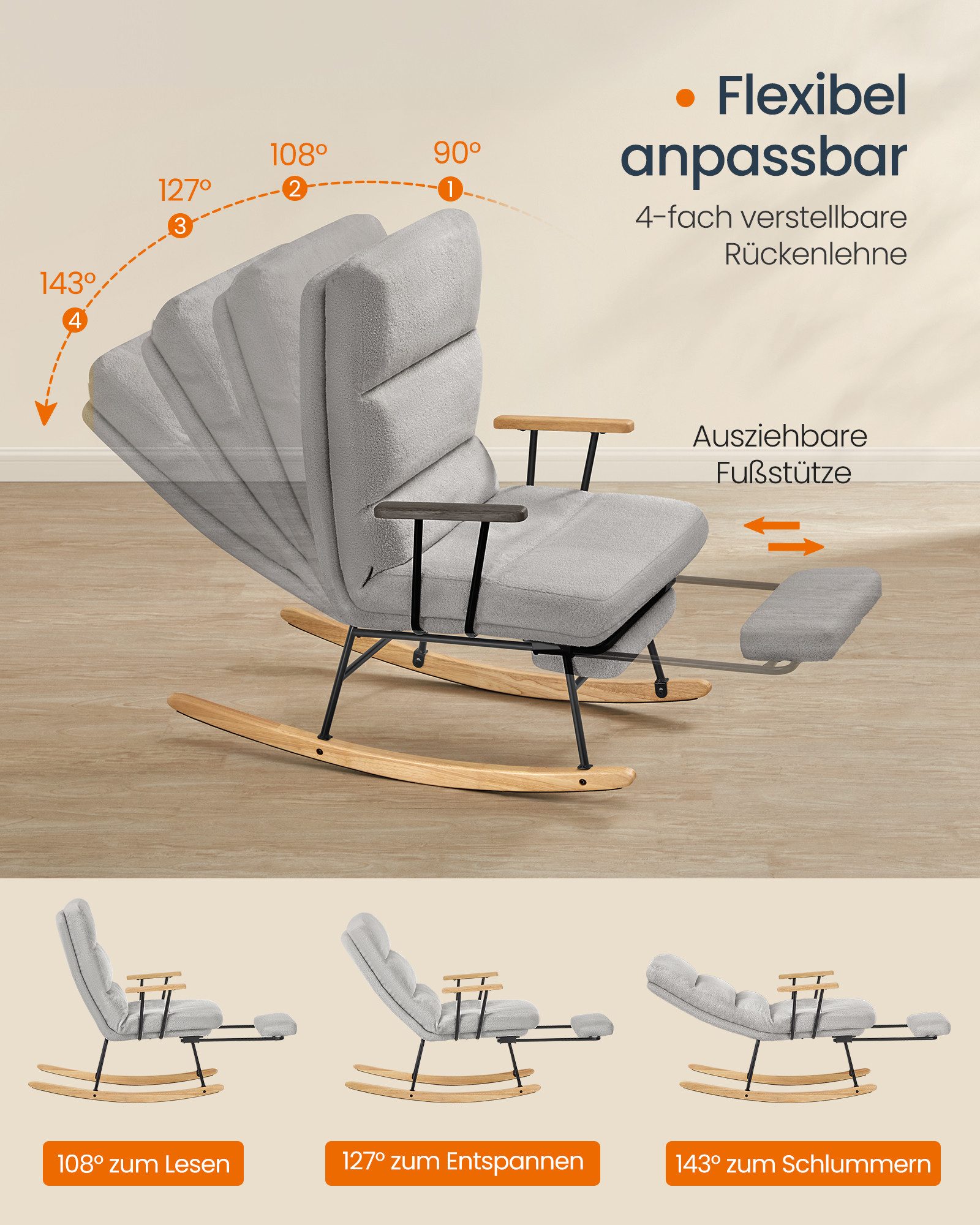 SONGMICS Schaukelsessel Schaukelstuhl mit Holzgestell, verstellbar, Schaukelstuhl, mit Massivholzfüßen, Schaukelsessel, für Schlafzimmer – Bild 3 von 5