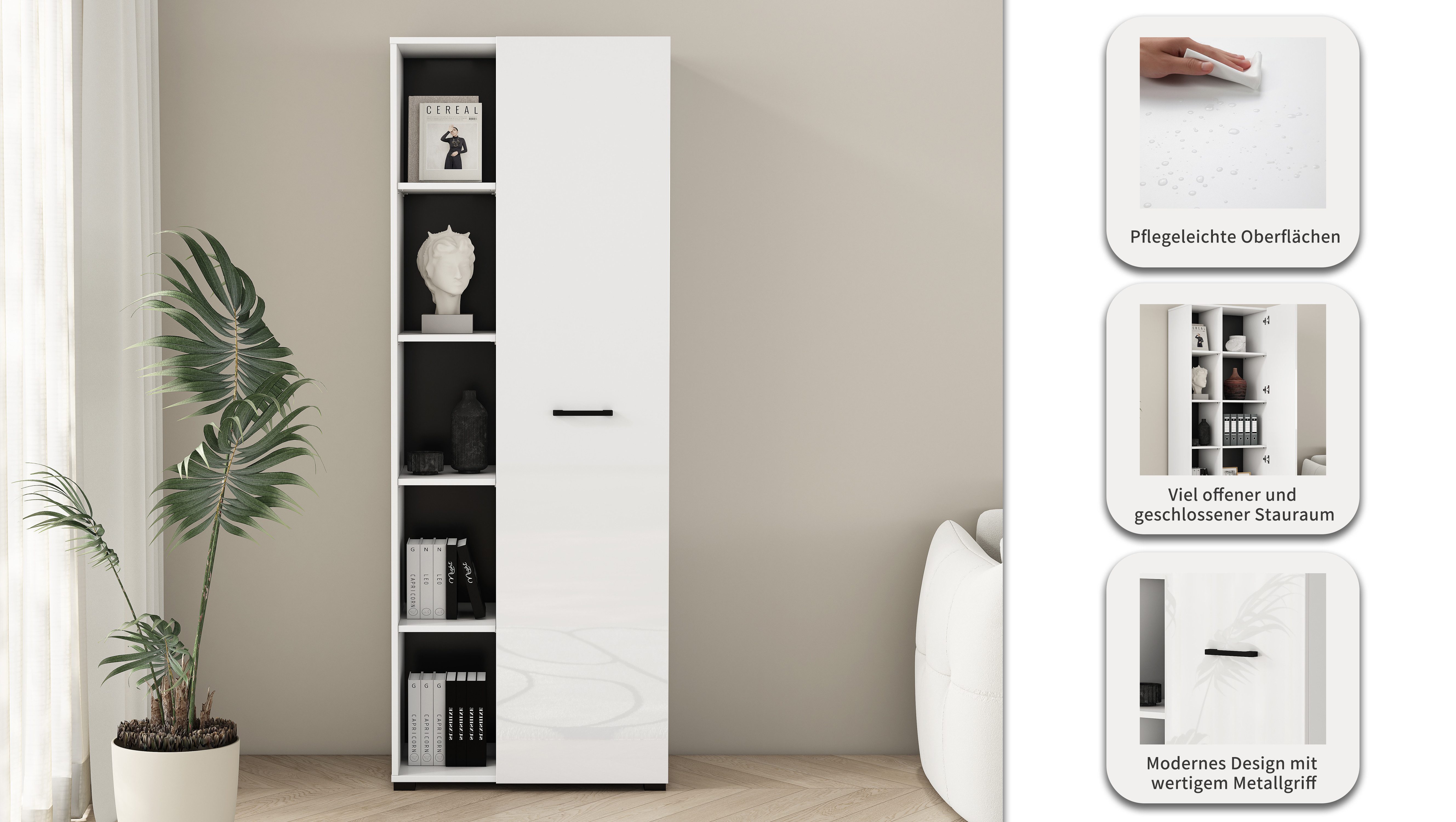 OTTO home Aktenschrank Moid, moderner Mehrzweckschrank, Maße: 64,5x41,5x175 cm, 5 Fächer mit viel Stauraum