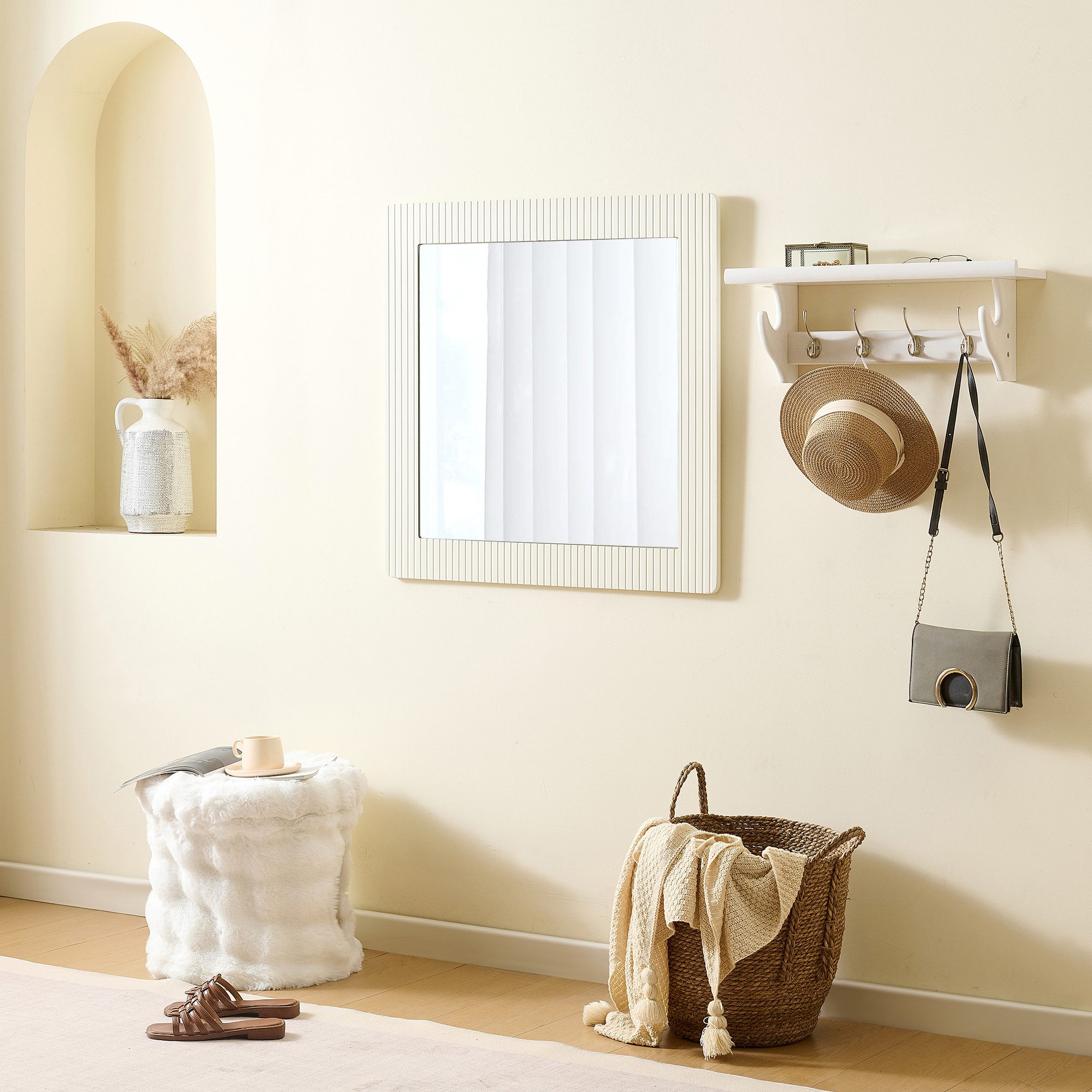 STILVORA Wohnzimmer-Set mit Holzoptik,quadratischer Wandspiegel Spiegel für Flur&Schlafzimmer, (Packung, 1-St., MDF), mit weißem Rahmen in Holzoptik, klarer Spiegelfläche