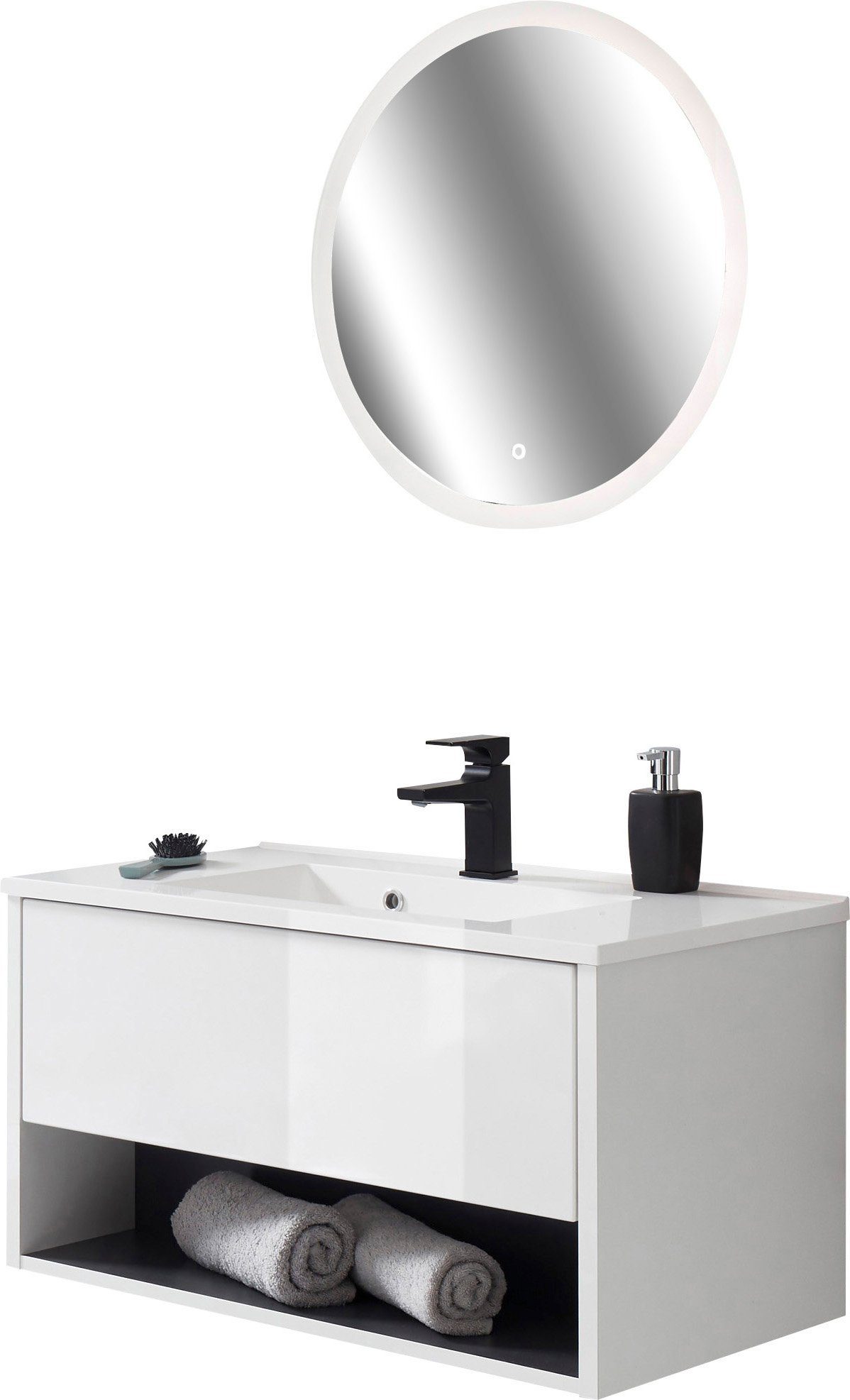Home affaire Badmöbel-Set Studio Line, Bad im modernen Design, 2-teiliges Badezimmer, (2-St), Waschtisch und Spiegel, in zwei Farben verfügbar, viel Stauraum