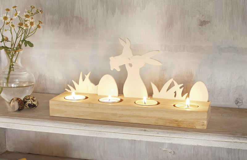 Dekoleidenschaft Teelichthalter "Osterwiese" aus Holz & 5 Porzellan Figuren: Hasen + Ostereier + Gras, Osterdeko, Kerzenboard, Lichterboard, Kerzenleiste, Kerzenhalter