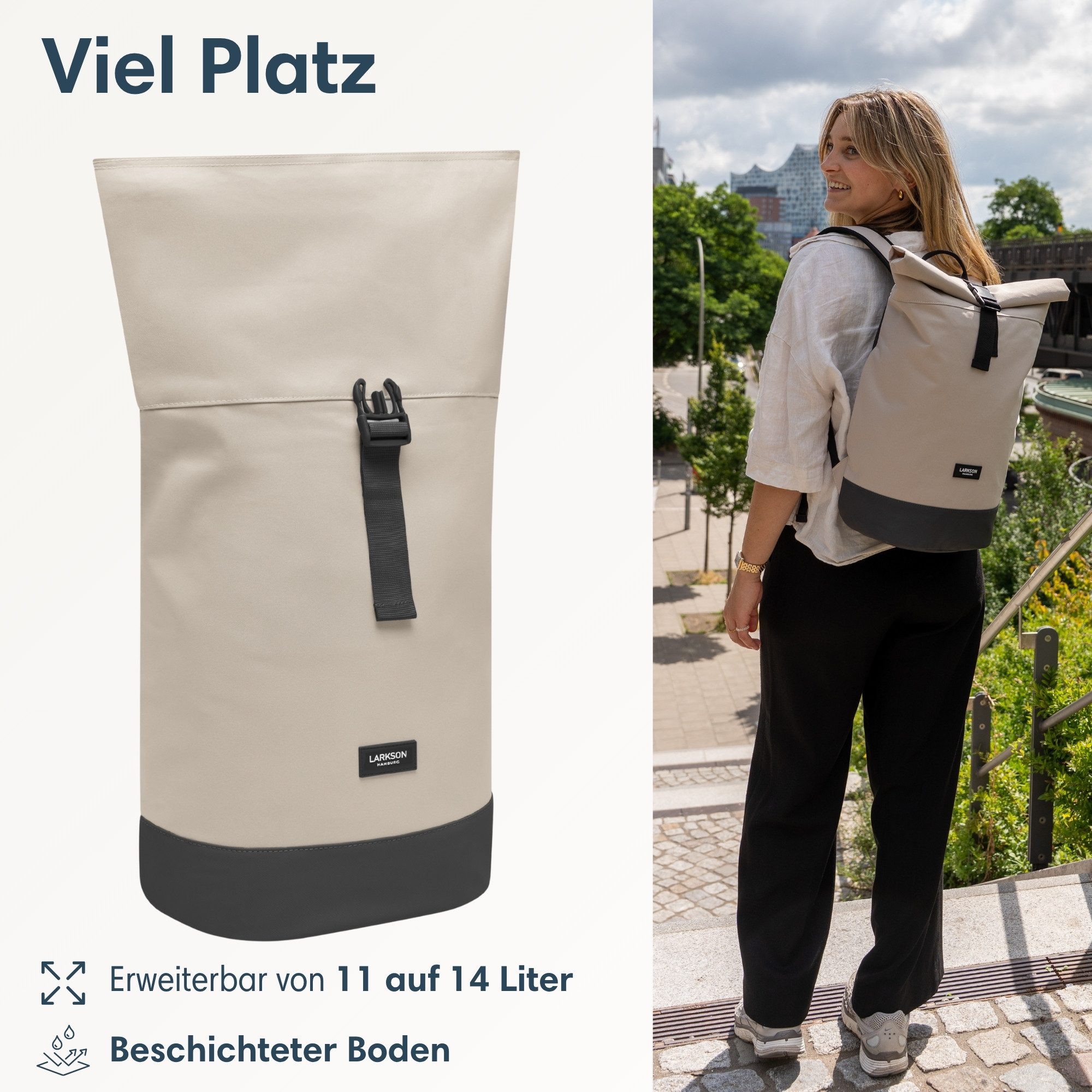 LARKSON Cityrucksack Janne Small Tagesrucksack 11-14 Liter für Damen & (1-tlg), Flexible Größe, Gepolstertes Laptopfach, Wasserabweisend