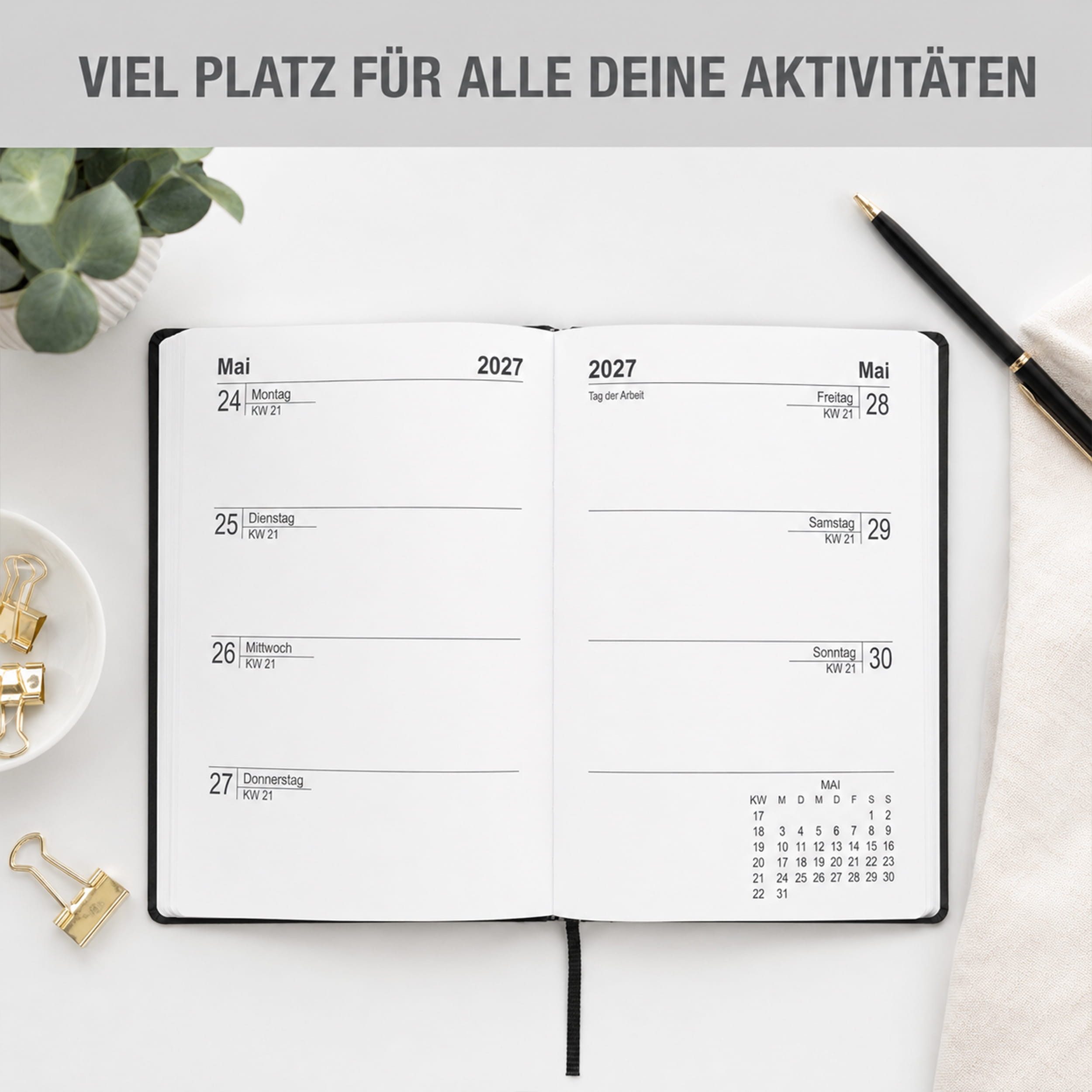 AMLI Taschenkalender Taschenkalender 2027 A6 mit Gummiband 1 Woche 2 Seiten Schwarz, Gummiband, Folienprägung, Leseband, Ferien & Feiertage – Bild 5 von 5