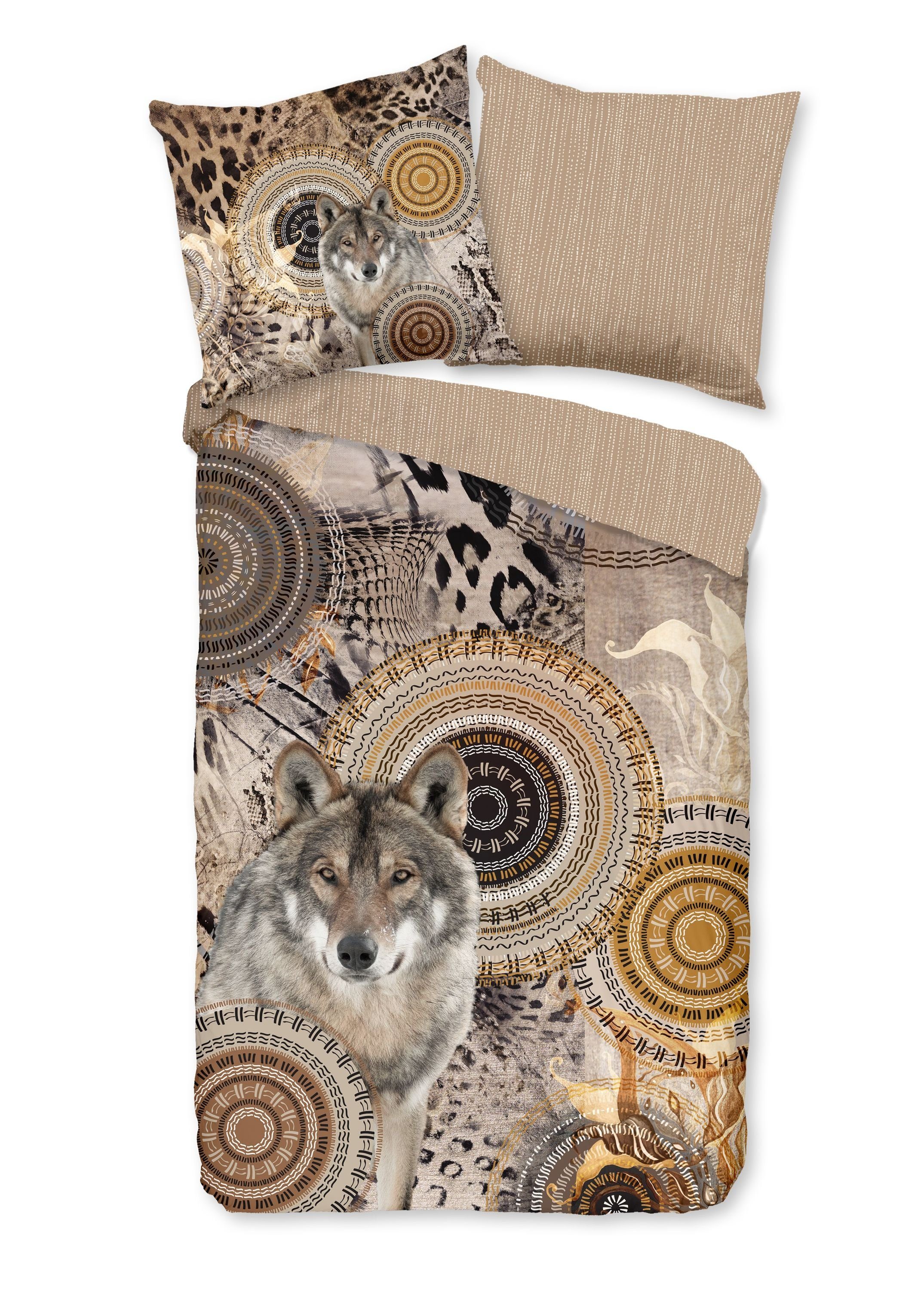 Traumschloss Bettwäsche Comfort Baumwolle, Flanell, 2 teilig, beige Mandalas mit Wolf