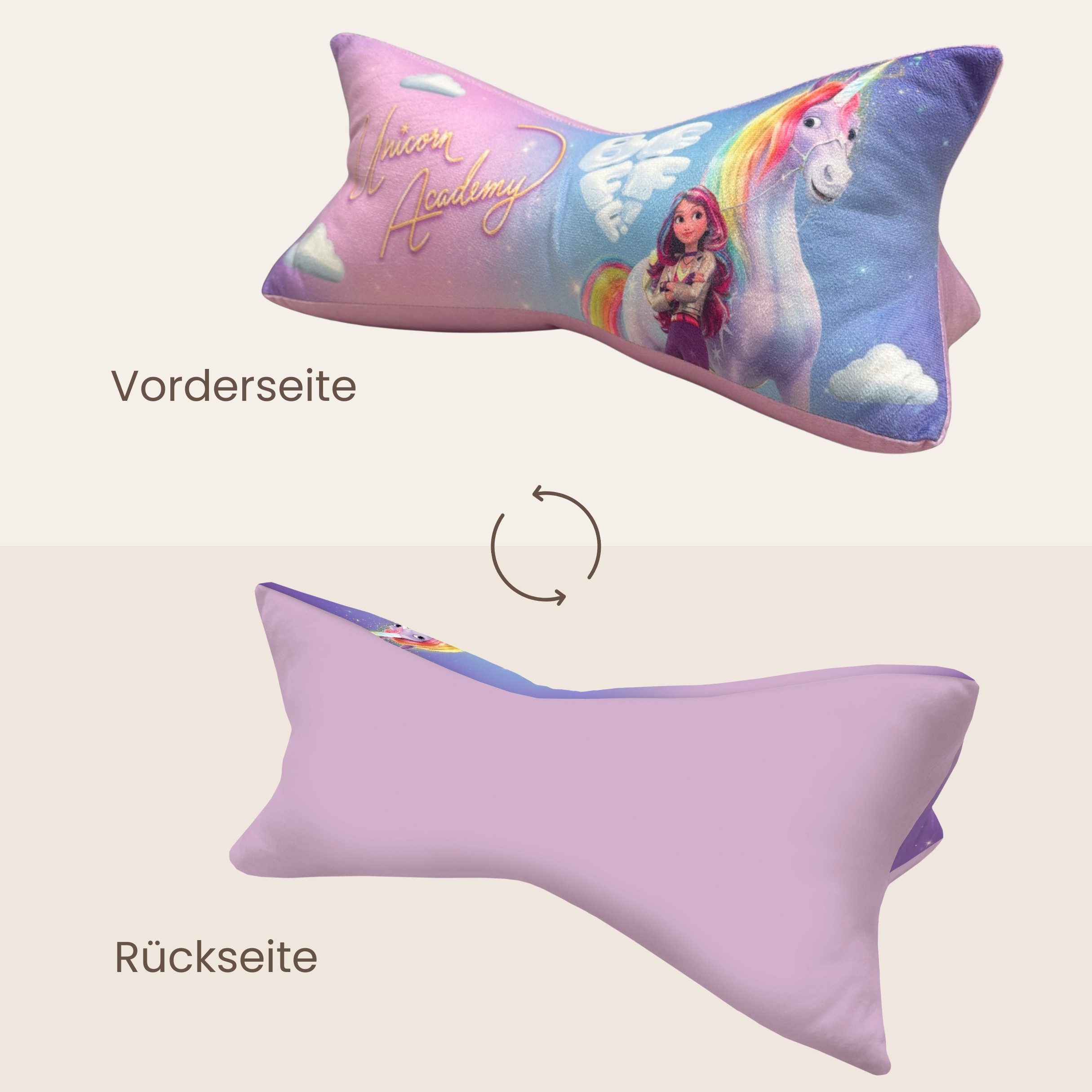 MTOnlinehandel Nackenkissen Unicorn Academy Leseknochen für Kinder 40 x 18 cm, 1-tlg., ergonomische Form zum Lesen, Kuscheln und Entspannen