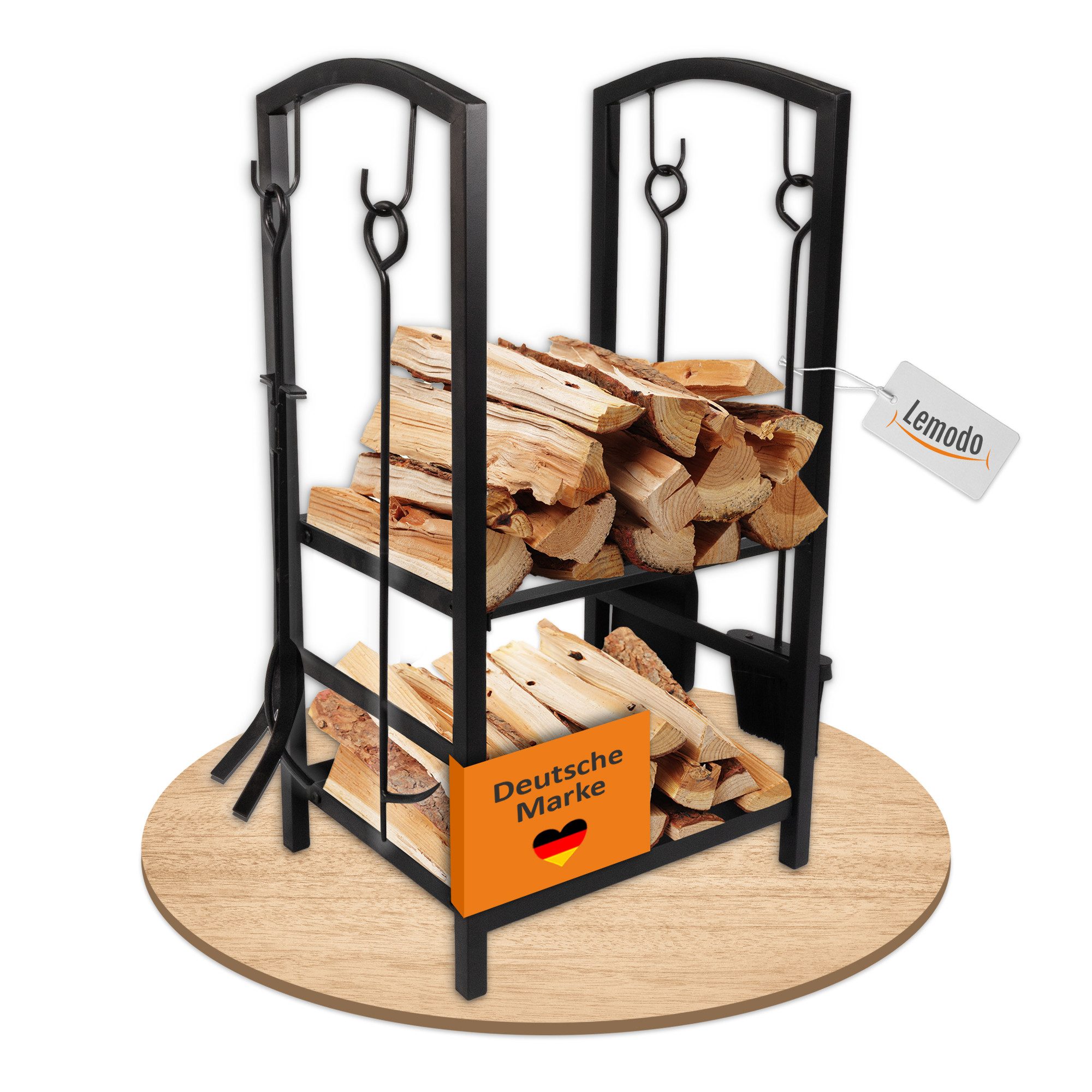 Lemodo Kaminholzregal mit 4 teiligem Kaminbesteck, Metallregal, Brennholzregal, BxTxH:30x49x74,5 cm, LxBxH:49x30x74,5cm