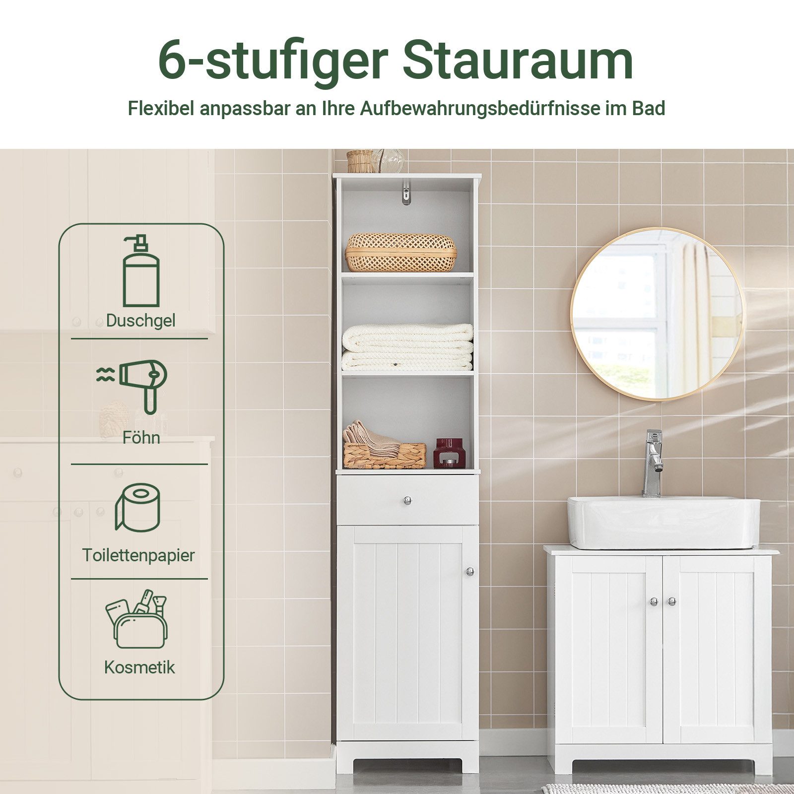 SoBuy Hochschrank BZR17, Badkommode Beistellschrank Badschrank schmal Badezimmerschrank Hochschrank, 3 offenen Fächern, verstellbare Ablagen