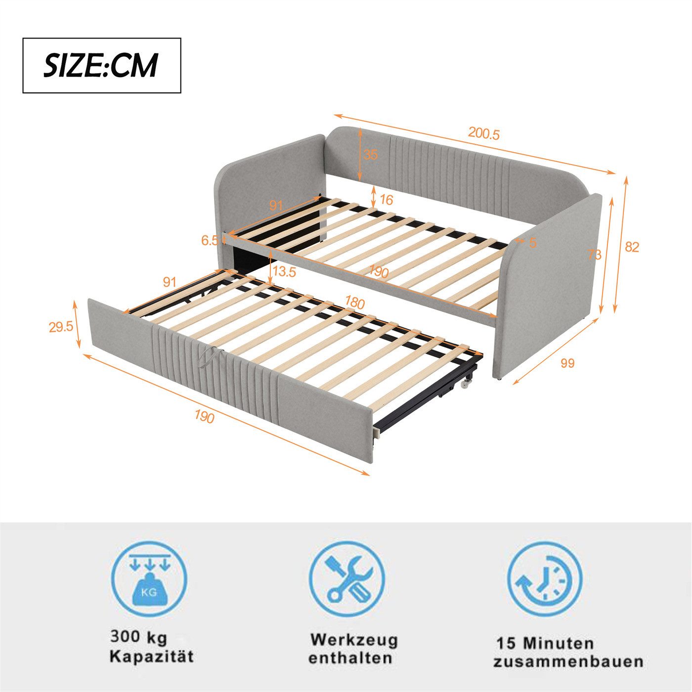 autolock Schlafsofa Polsterbett,Ausziehbares Schlafsofa 90/180*190cm,mit Lattenrost, mit vertikalen Streifen,Multifunktionsbett,atmungsaktiver Leinenstoff