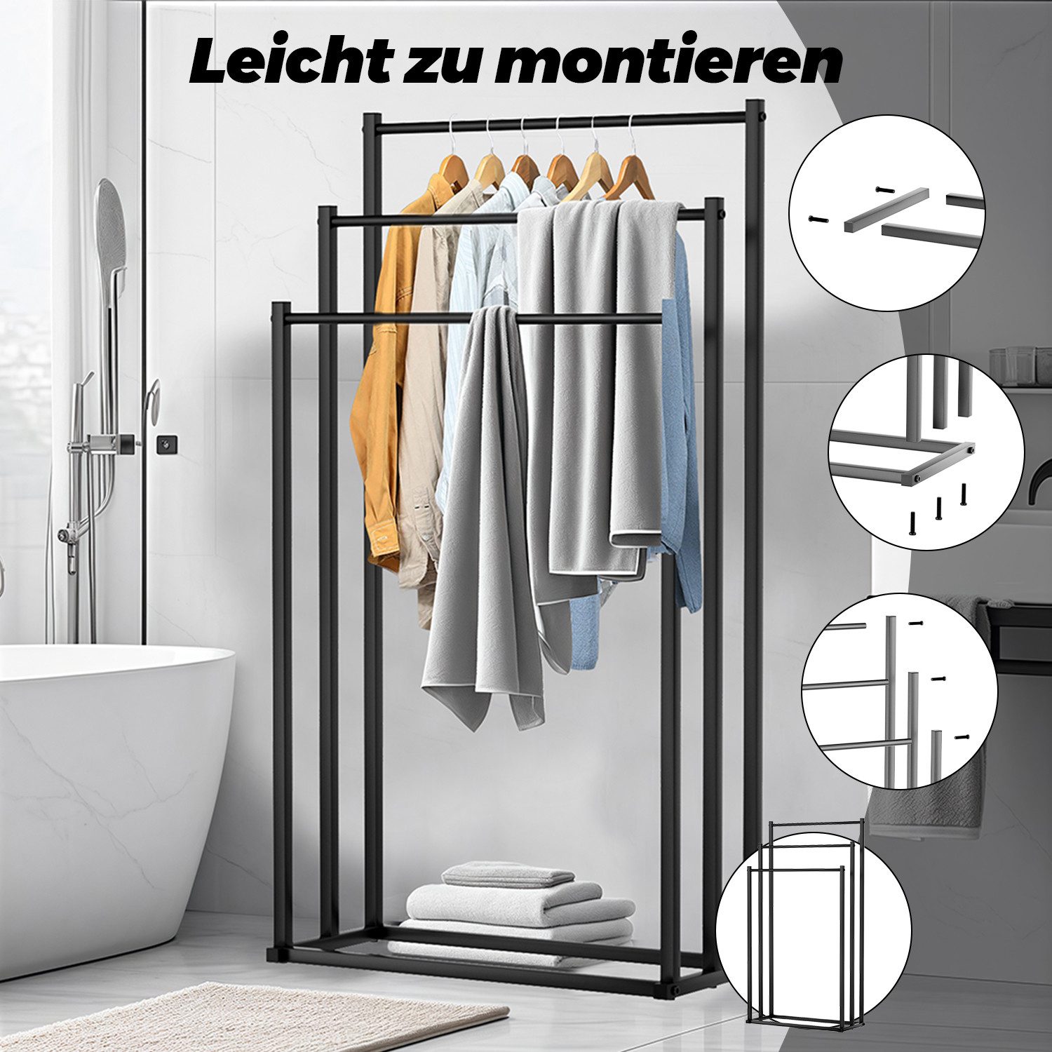 YMQHBS Wäscheständer Wäscheständer mit 3 Stangen aus Metall, Handtuchhalter, Beweglich, Handtuchhalter ohne Bohren, freistehend mit 3 Stangen aus Metall – Bild 5 von 5