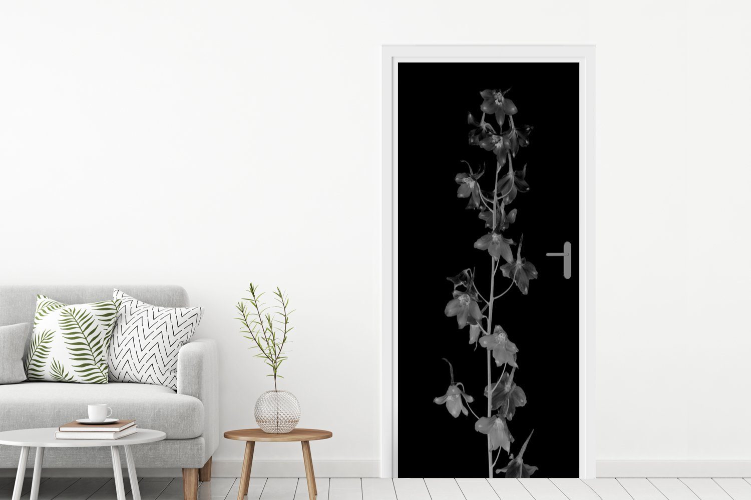 MuchoWow Türtapete Pflanzenporträt der für Fototapete Delphinium-Blüte cm Tür, St), Matt, (1 bedruckt, schwarz-weiß, Türaufkleber, - 75x205