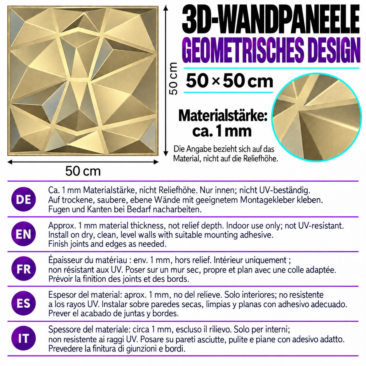 IKHEMalarka 3D Wandpaneel 3D Paneele PVC Kunststoffpaneele, BxL: 50,00x50,00 cm, 0,25 qm, (1 Stück, 3D Wandpaneele Deckenpaneele) hochwertige & harte PVC 3D Pla – Bild 2 von 5