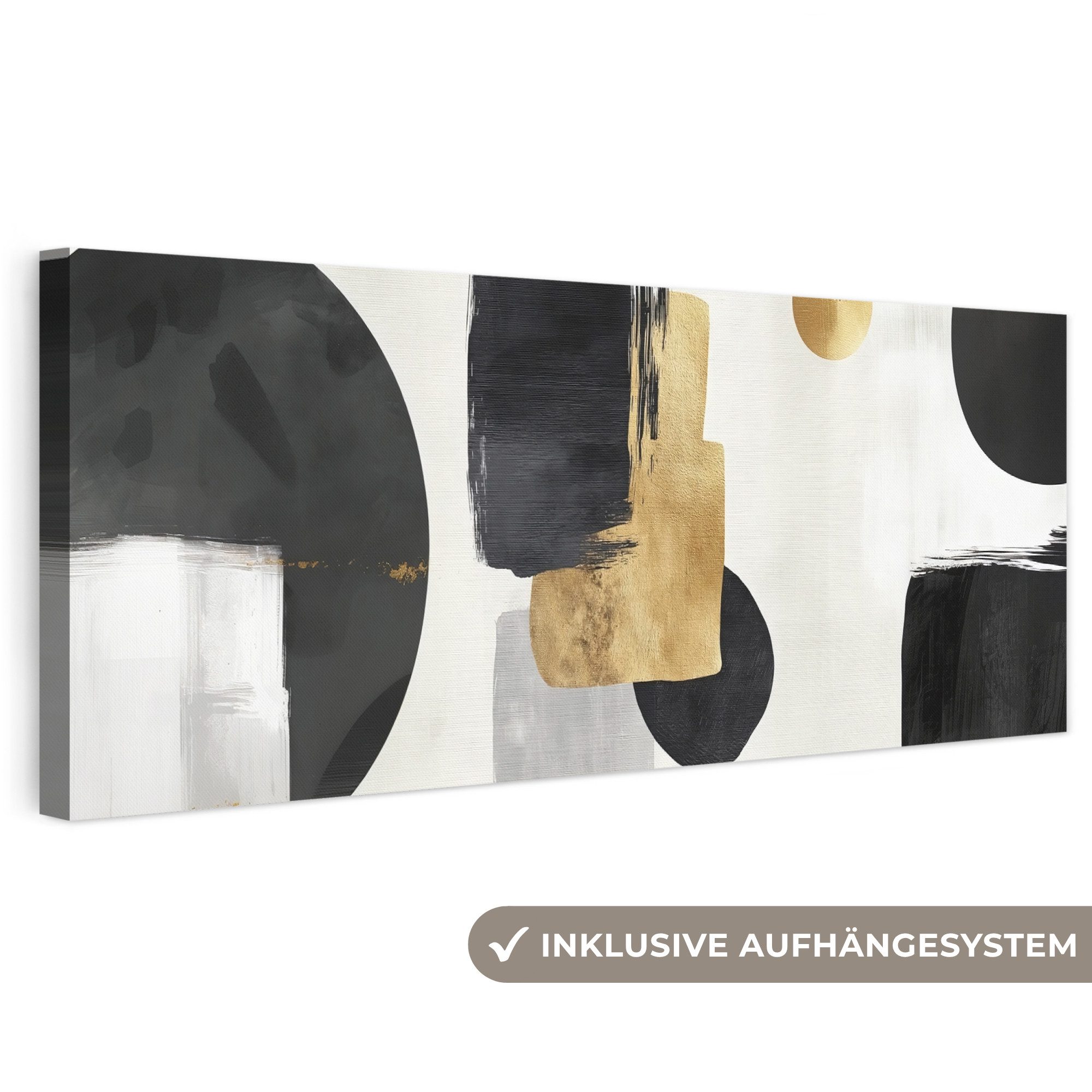 OneMillionCanvasses® Leinwandbild Panorama Gold - Rechtecke - Kreise - Abstrakt, Fotodruck (1 St), Wandbild XXL für Wohnzimmer Küche 120x40 cm