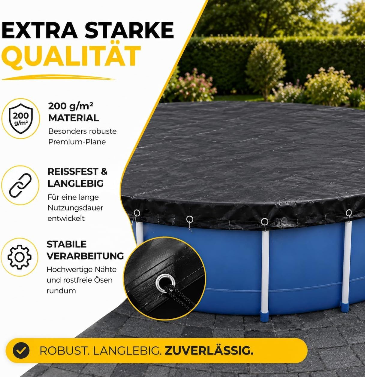 toolmate® Poolüberdachung Poolplane rund 200 g/m² – Schwarze Solar Poolabdeckung UV-resistent