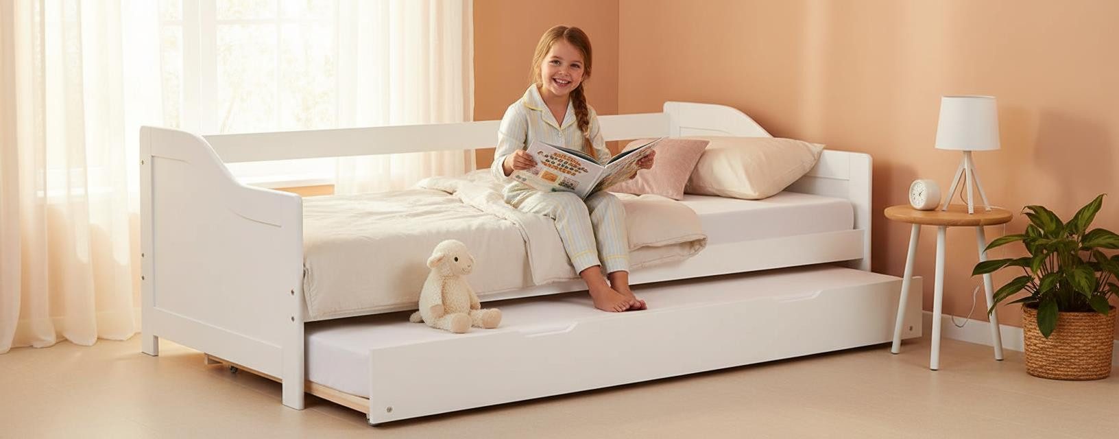 Homestyle4u Ausziehbett 90x200 Holz Gästebett mit Ausziehfunktion 2 Liegeflächen Doppelbett (Komplett-Set mit 2x Lattenrost), 2x 90x200, 2 Personen/Kinder, Stauraumbett