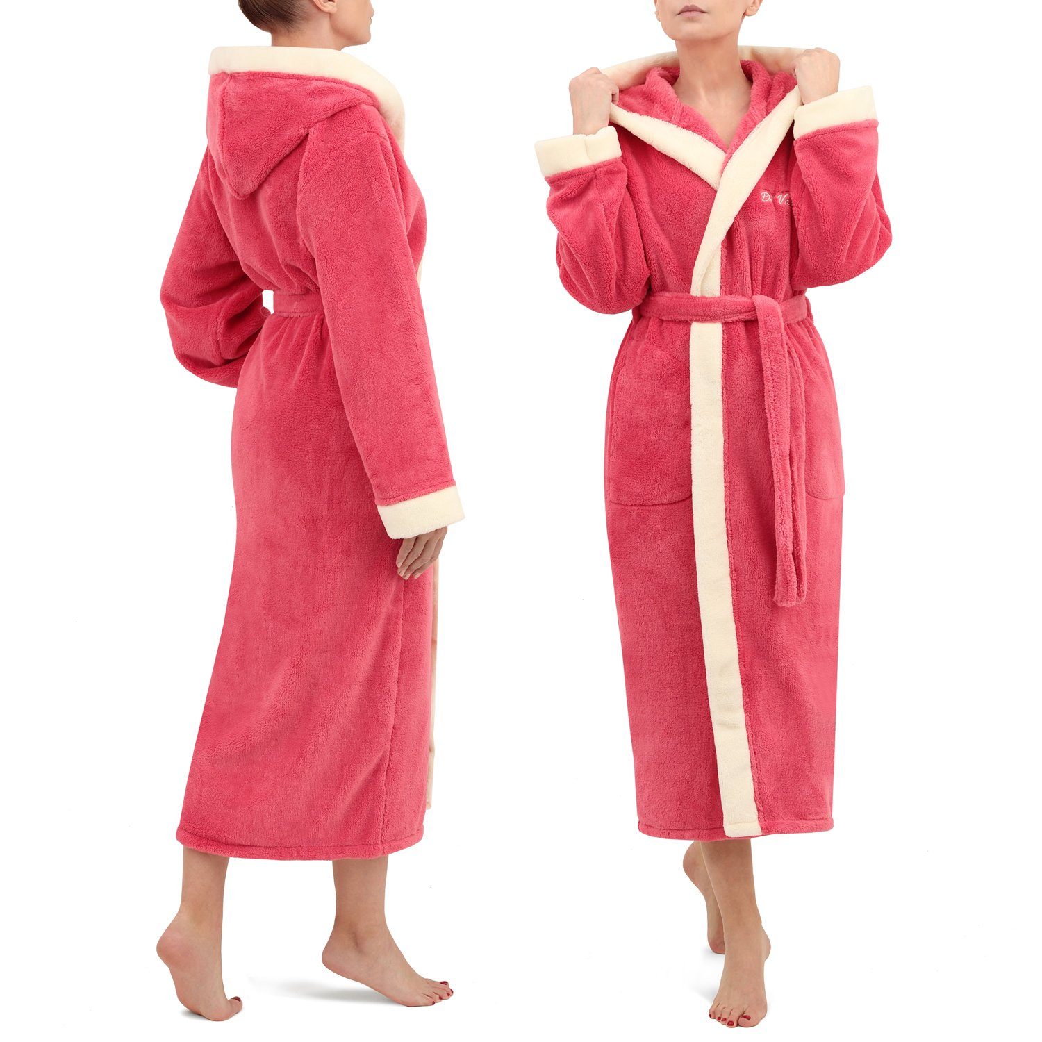 Di Vadini Himbeerrot / Weitenverstellung Vadini Bademantel Damen Herren wadenlang, Di Ecru Bademantel Polyester, mit PRATO Kapuze, UNISEX