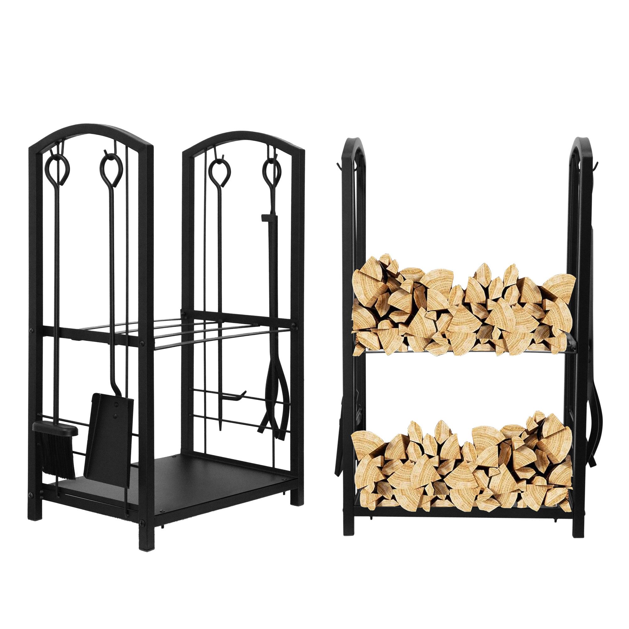 Mucola Kaminholzregal Feuerholzablage 6-tlg. Kaminbesteck Kaminhandschuhe Kaminzubehör, BxTxH:40x30x74 cm, (6-tlg., 6-St., Set), inkl. 4tlg. Kaminwerkzeug, rostfrei und korrosionsbeständig