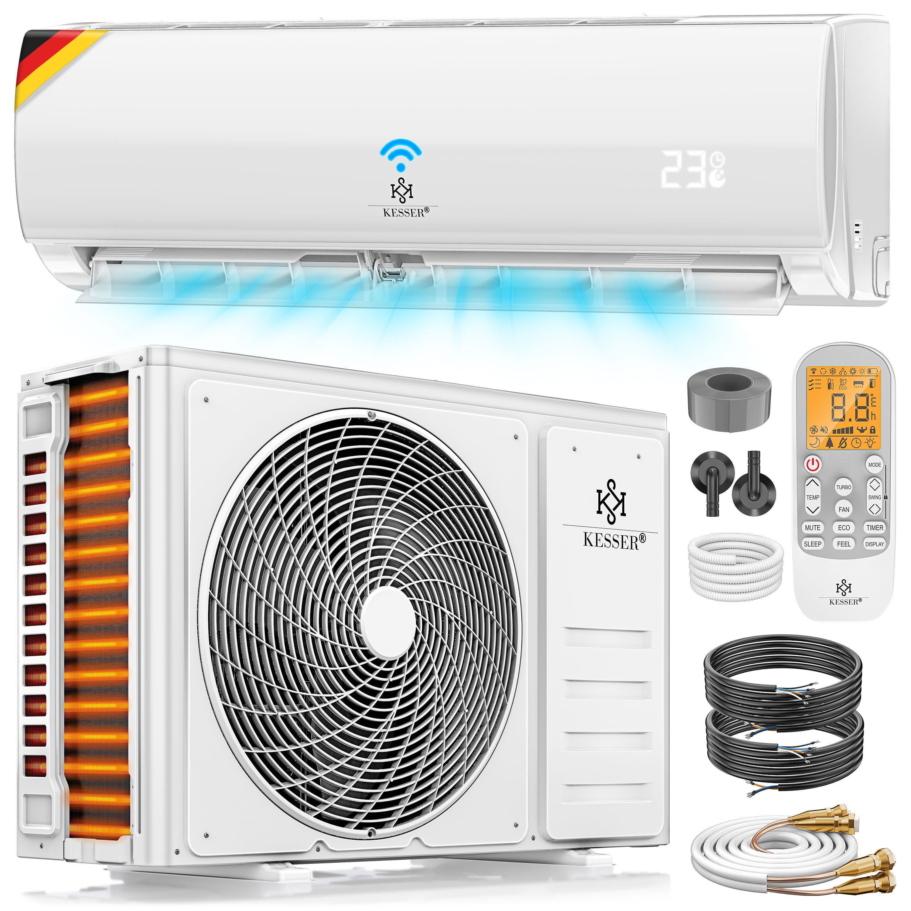 KESSER Split-Klimagerät Set Quick Connect Split Klimaanlage 12000 BTU Kühlen Heizen 3,4kW R32, mit WiFi & App Funktion, Fernbedienung, Timer, inkl. Montagematerial