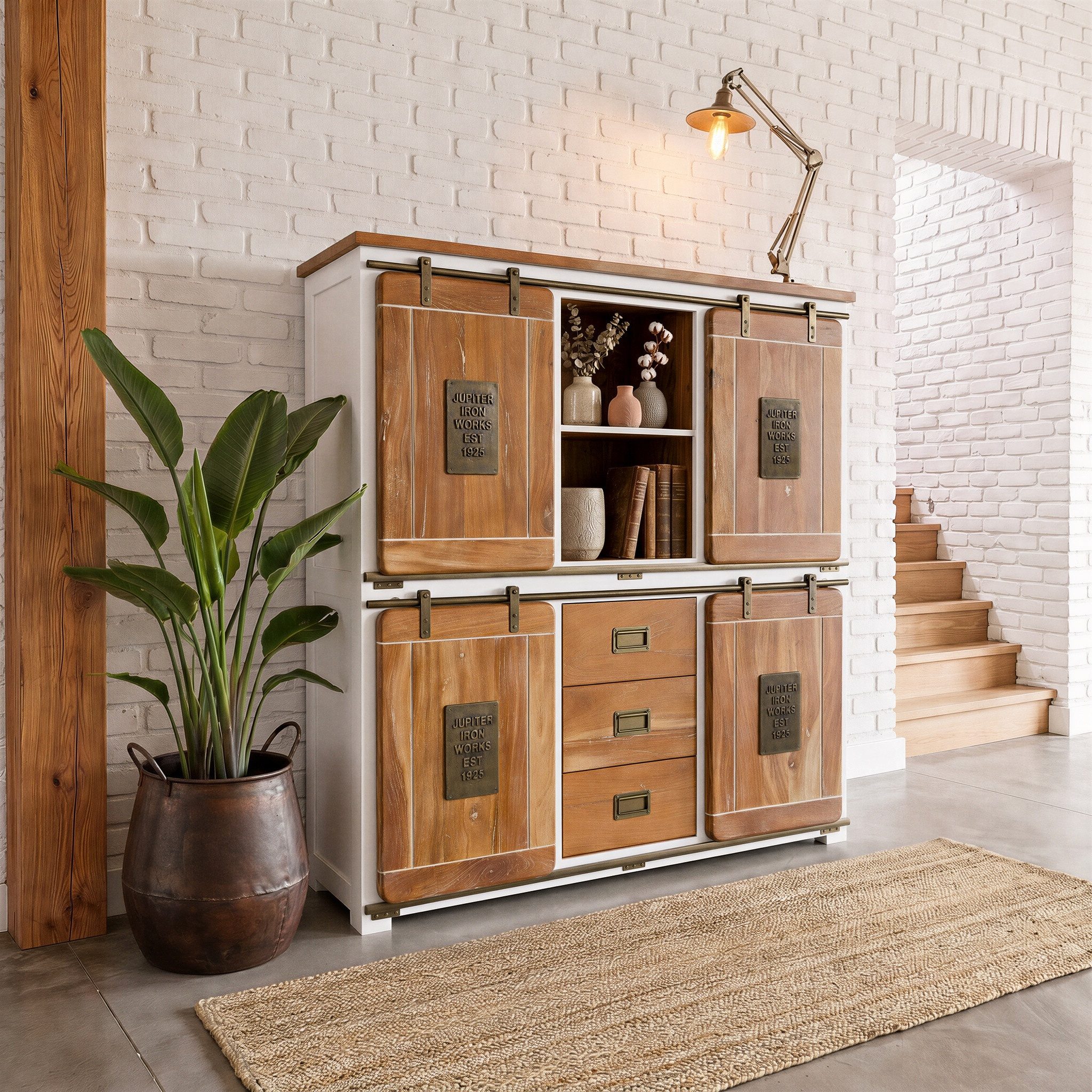 Massivmoebel24 Highboard RAILWAY (Massivholz), Mango 150x45x160 weiß lackiert RAILWAY #525