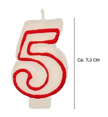 PAPSTAR Geburtstagskerze Zahlenkerze 7,3 cm weiß "5" mit rotem Rand (Stück, 1-tlg., Zahlenkerze), Geburtstagskerze Geburtstagstorte Tortendekoration Kuchendekoration