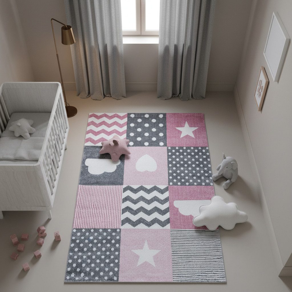KADIMA DESIGN Kinderteppich TASNA Spielteppich Kinderzimmer Waschbar Strapazierfähig, Rechteckig, Höhe: 13 mm, 120x170 cm, Fußbodenheizung Kurzflorteppich Sterne Herz Waschbar