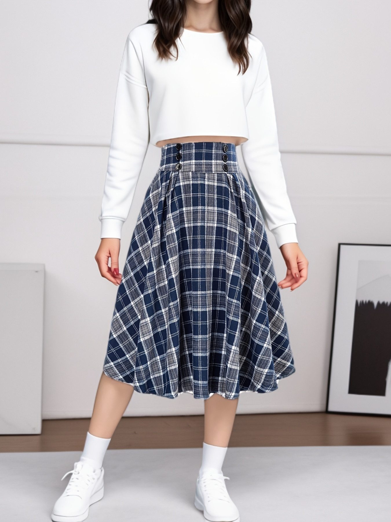DEBAIJIA Midirock Damen Rock Plissierter Karierter günstig online kaufen