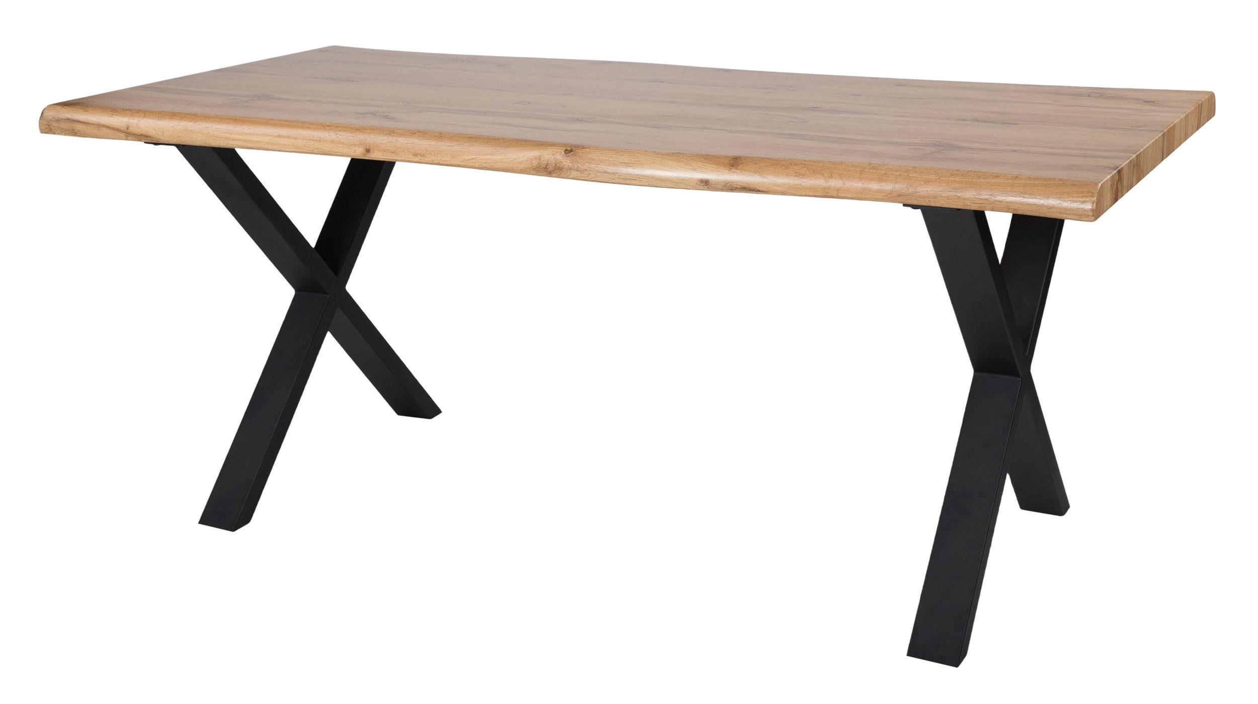 Die Möbelfundgrube® Baumkantentisch LENIA / Baumkantenoptik 180 cm Wildeiche, 48 mm Tischplatte / X-Gestell schwarz Metall / Industrial