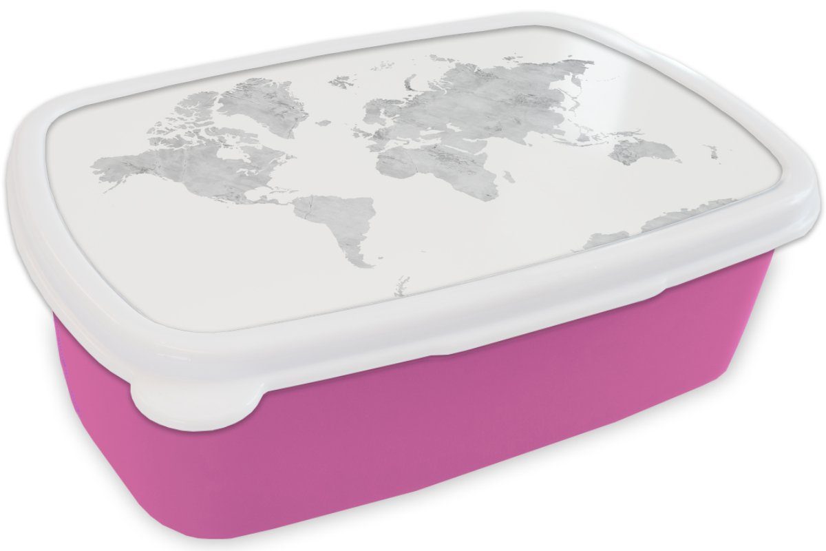 (2-tlg), Grau Brotbox für - rosa Kinder, Brotdose Snackbox, MuchoWow Kunststoff, Lunchbox Kunststoff - Erwachsene, Marmor, Mädchen, Weltkarte