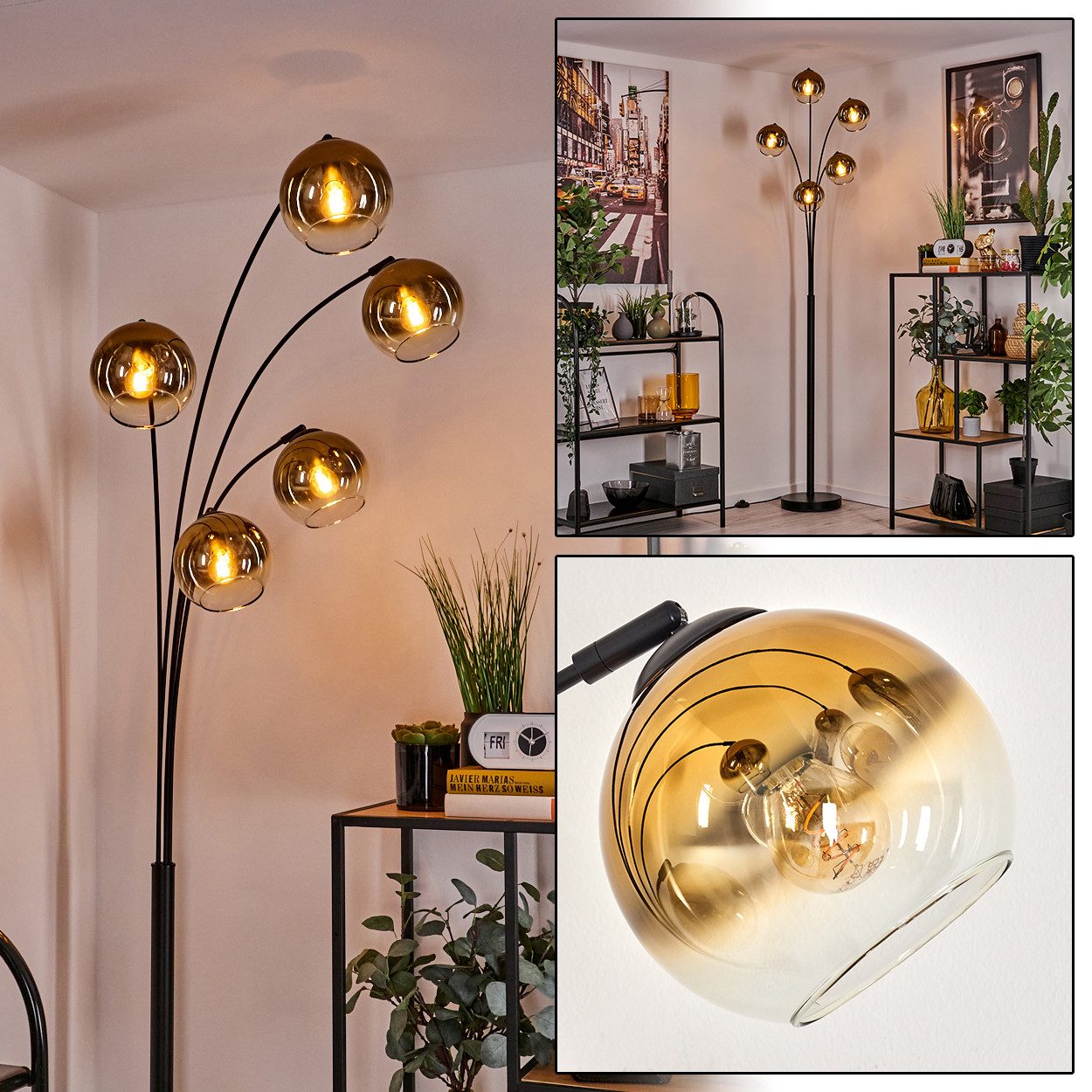 hofstein Stehlampe Stehlampe aus Metall/Glas in Schwarz/Goldfarben/Klar, ohne Leuchtmittel, Leuchte mit Glasschirmen (15cm), Schalter, 5xE14, ohne Leuchtmittel