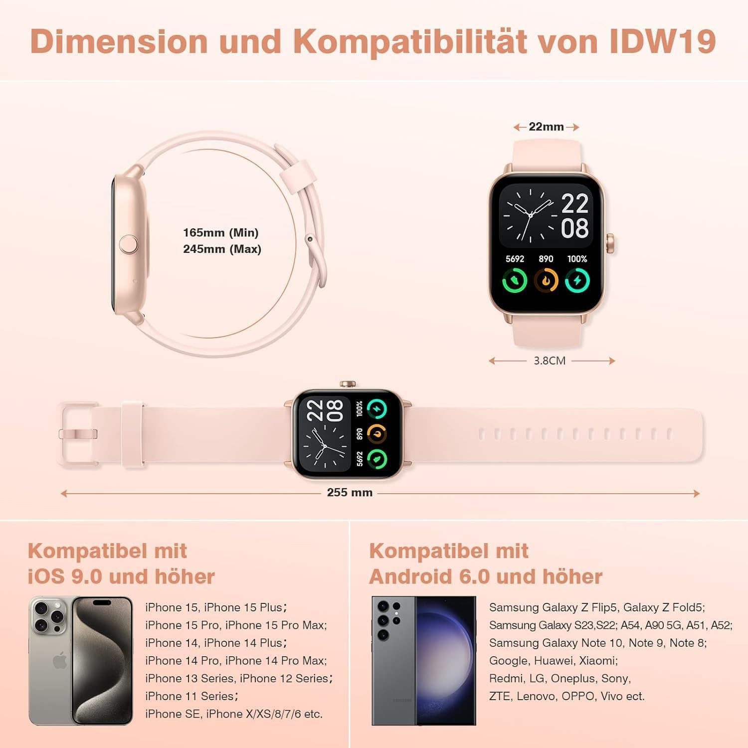 Fitpolo IDW19 Smartwatch (4,5 cm, android ios), Smartwatch mit 1.3" Display, Fitnessfunktionen, Benachrichtigungen