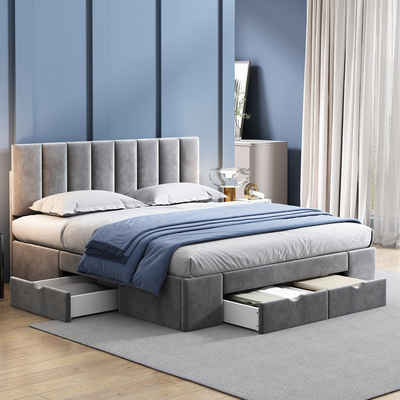 REDOM Polsterbett Doppelbett Stauraumbett Bett mit 4 Schubladen (160 x 200 cm grau ohne Matratze)