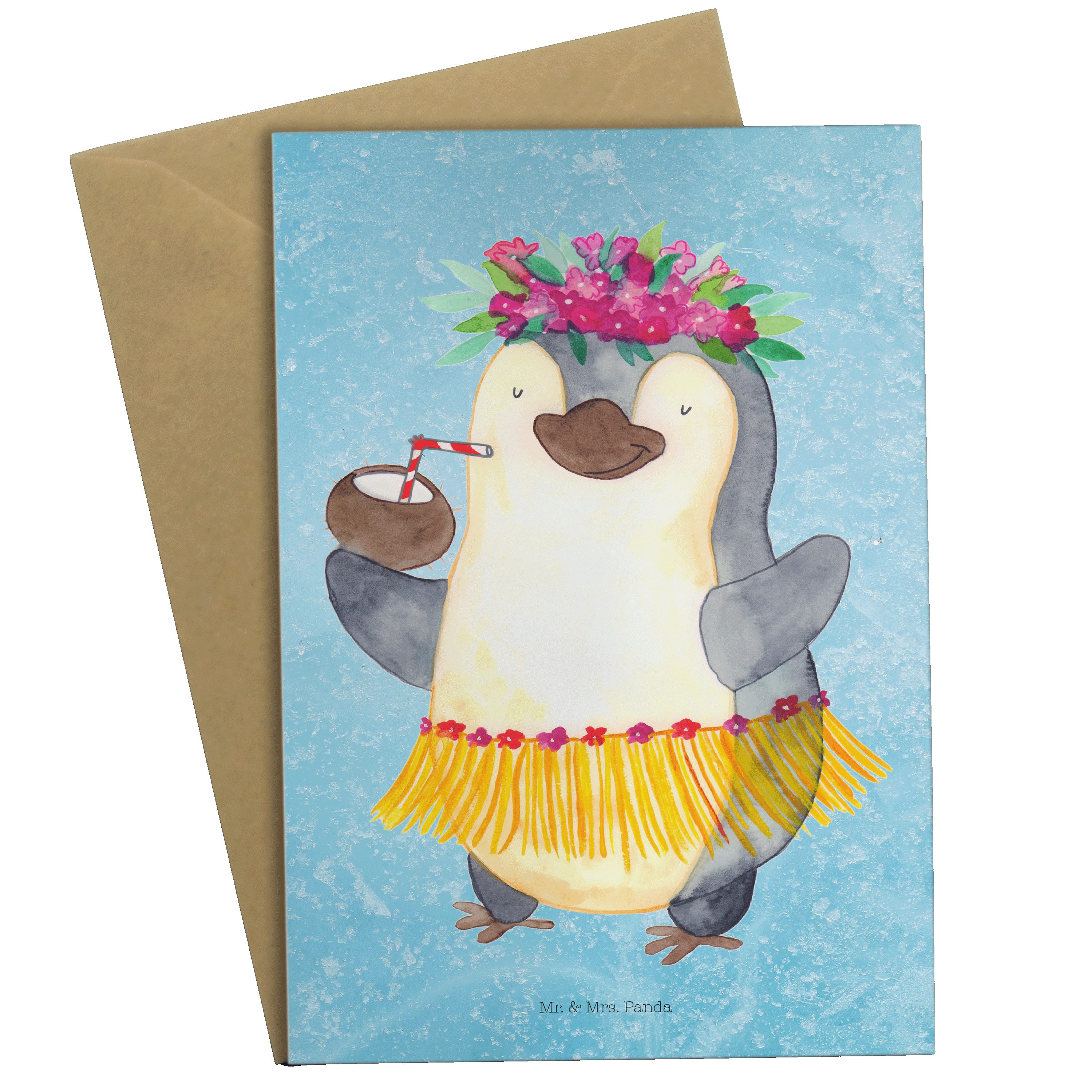 Mr. & Mrs. Panda Grußkarte Pinguin Kokosnuss - Eisblau - Geschenk, Hawaii, Einladungskarte, Urla