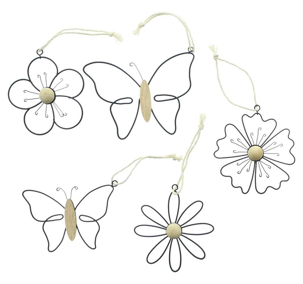 Home-trends24.de Dekohänger Hänger Dekohänger Blume Schmetterling Metall Dekofigur Holz 5er Set (5 St)
