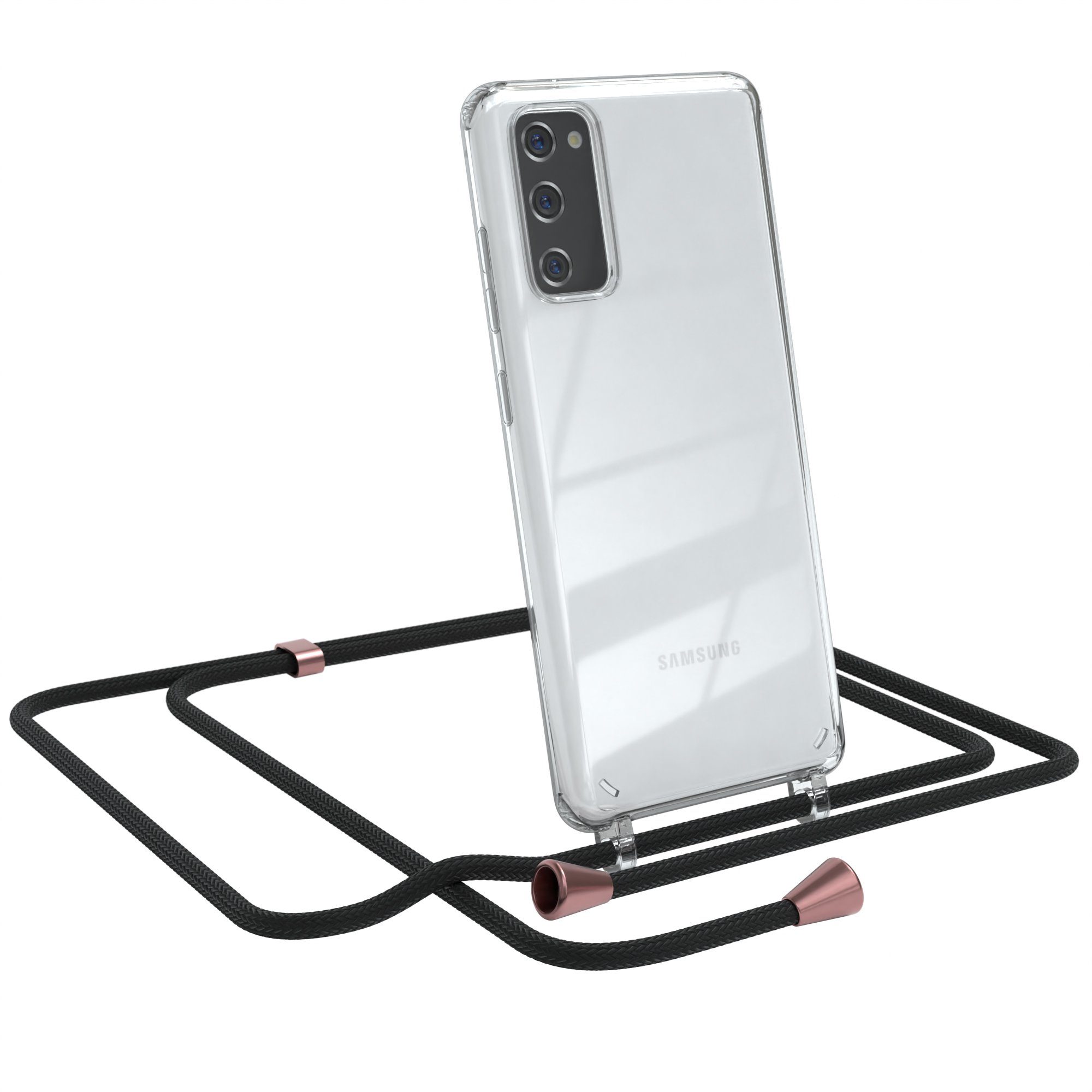 EAZY CASE Handykette Hülle mit Kette für Samsung Galaxy S20 FE / 5G 6,2 Zoll, Handykordel Smartphonekette für Unterwegs Festivalbag Schwarz Rosé